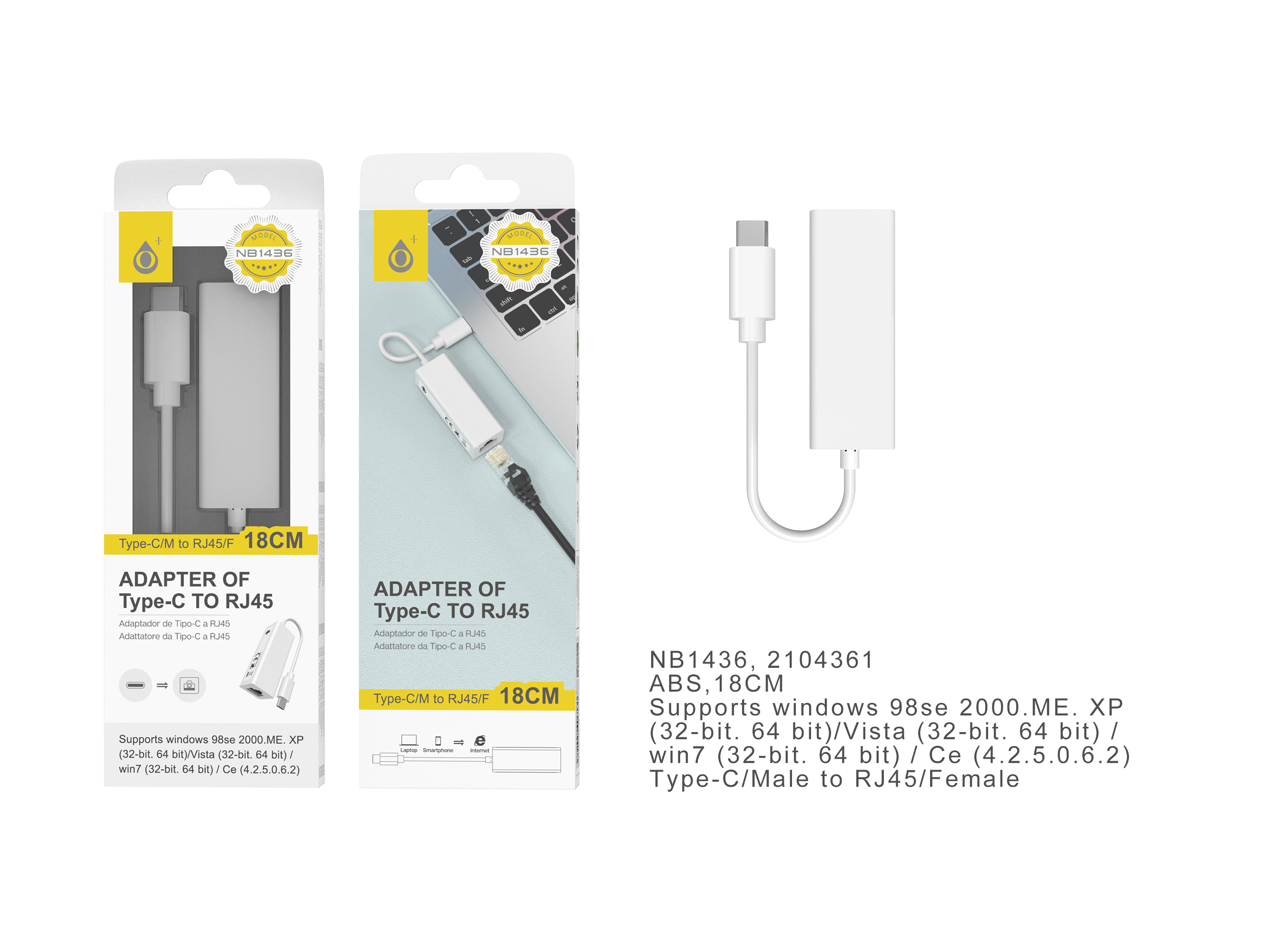 NB1436 BL Cable de Adaptador  Type-C (Macho) a Entrada Red RJ45(Hembra), Cable 18cm, Blanco