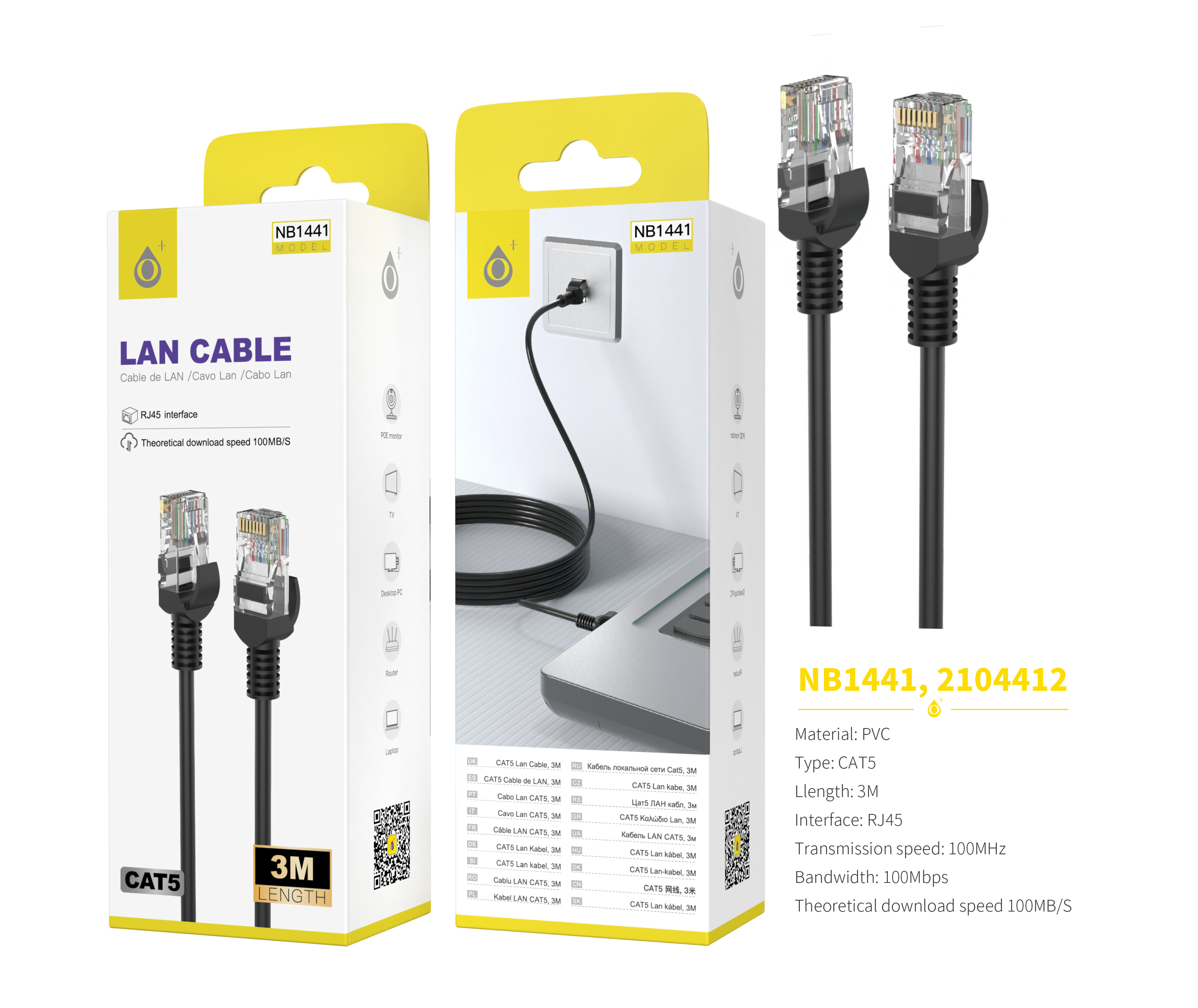 NB1441 NE Cable Internet CAT5 , 3M Longitud, Negro