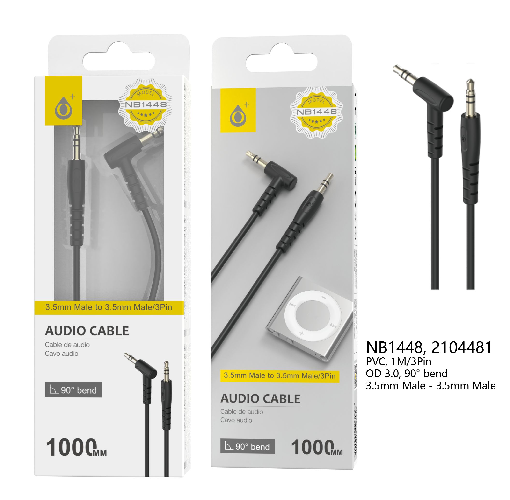 NB1448 NE Cable de Audio en L 90° ,1M, Negro