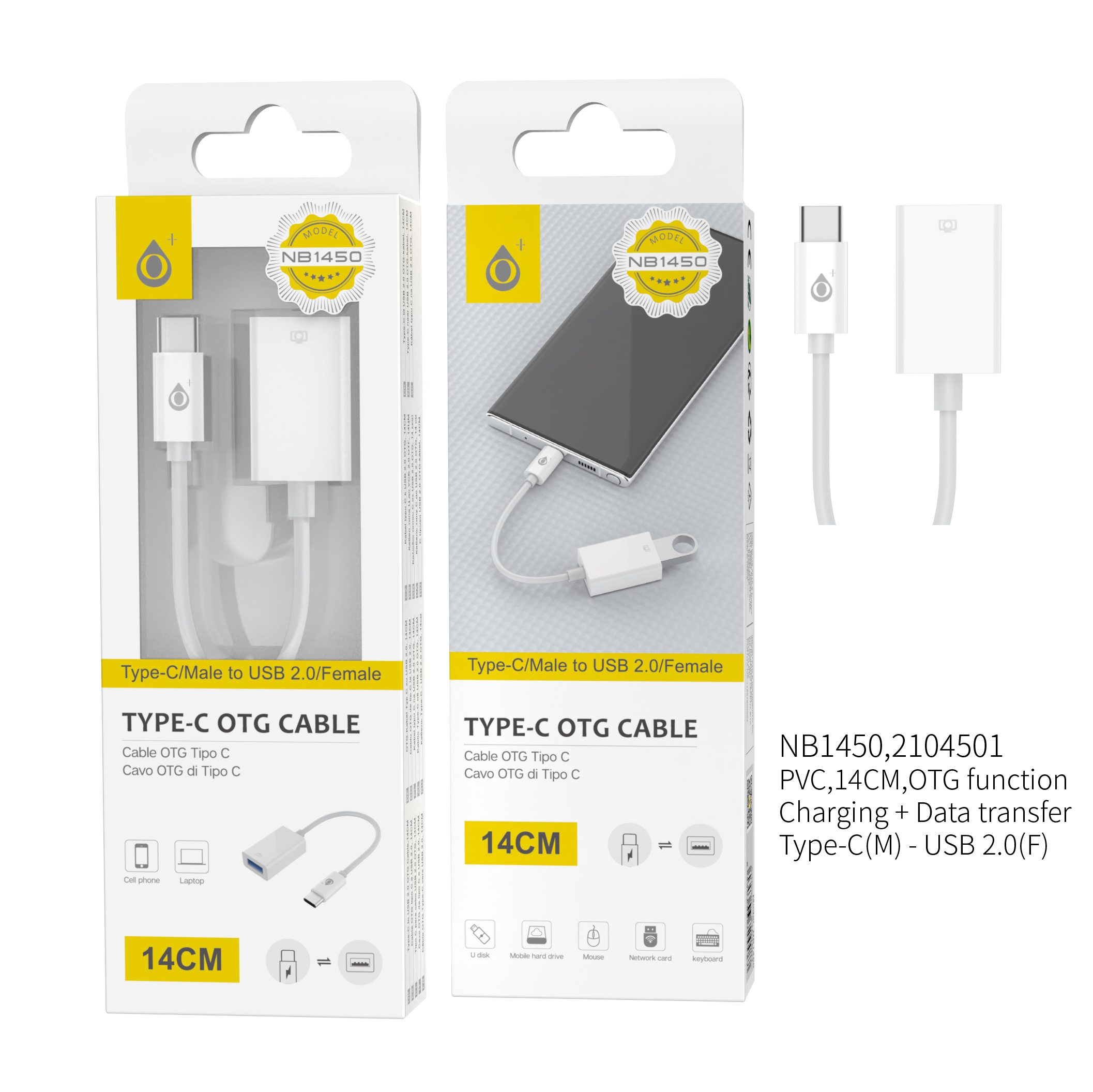 NB1450 BL CABLE OTG Type-C a USB 2.0  (Macho a Hembra)14cm,Blanco