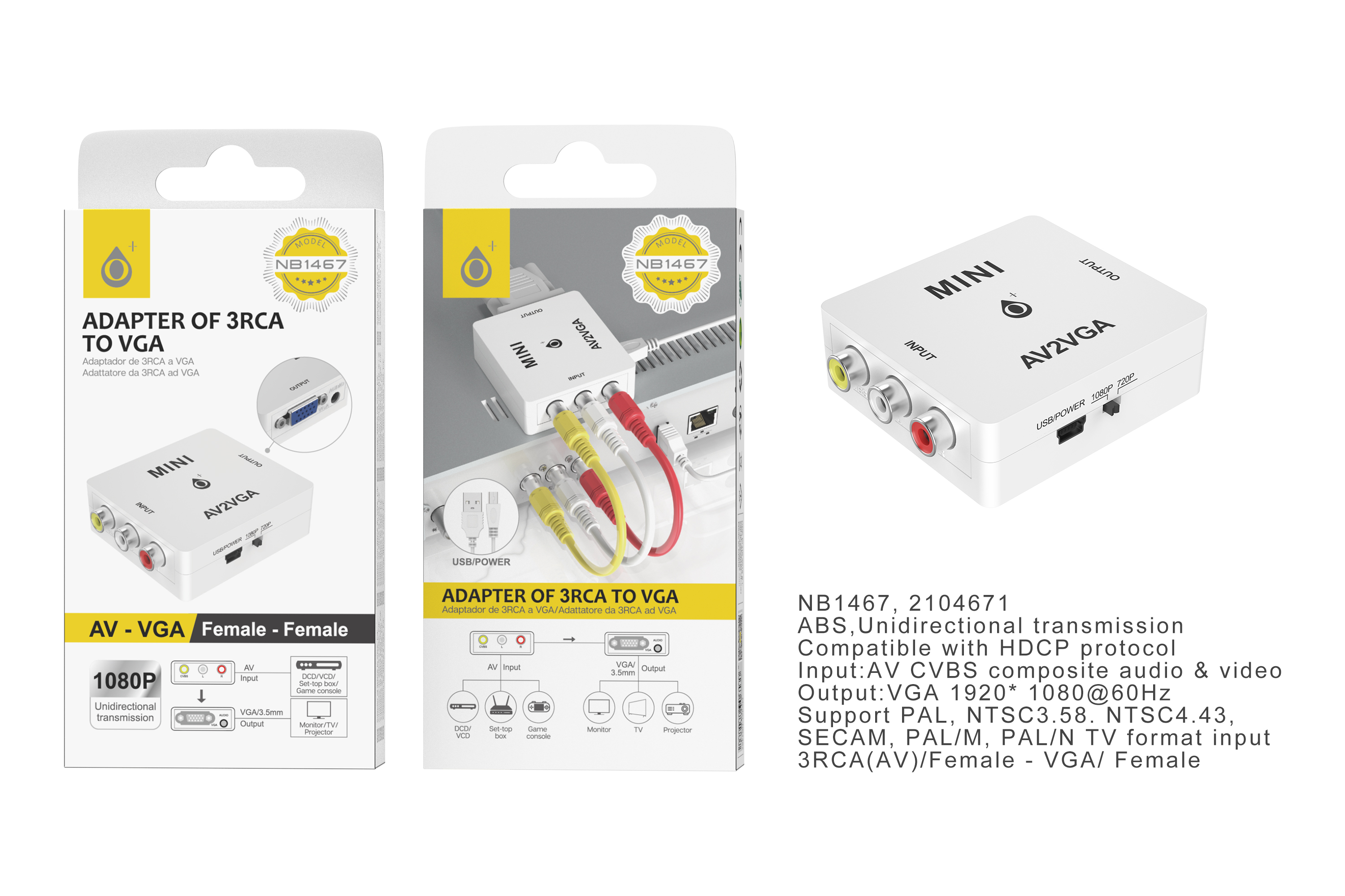 NB1467 BL Adaptador de 3 RCA a VGA  1080p/60Hz?Hembra-Hembra),transmision unidireccional, Admite formatos  PAL/M/N,NTSC3.58/4.43,SECAM , Blanco