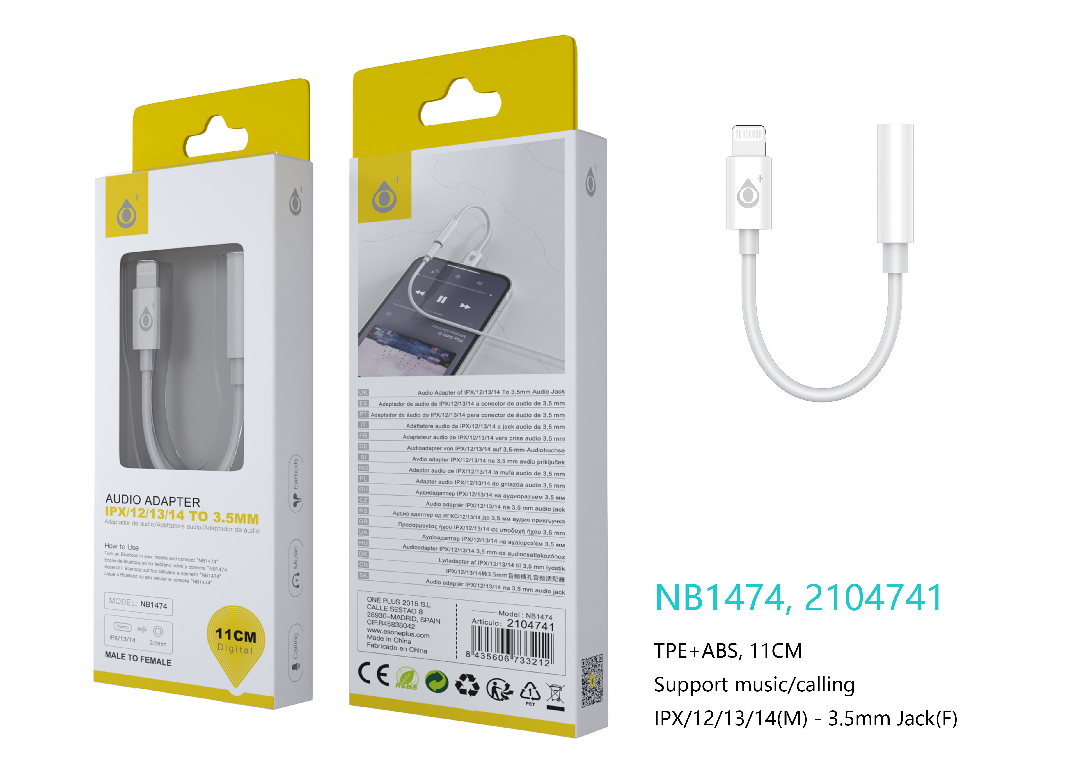 NB1474 BL Adaptador de Audio lightning (Macho) a 3.5mm (Hembra), Soporta musica y llamada, Necesario Conectar Bluetooth, Blanco