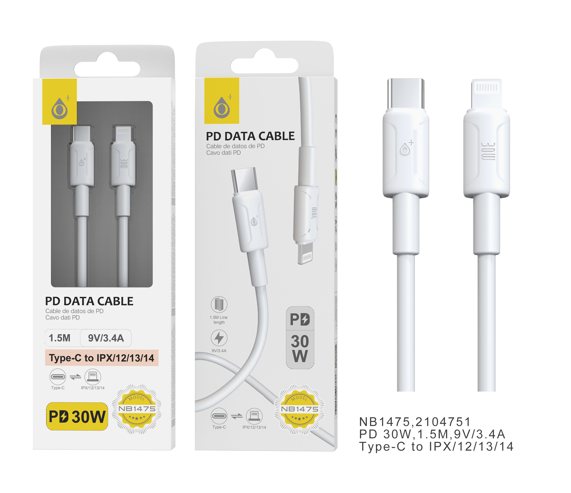 NB1475 BL Cable de datos Finn para Type-C a Lightning , Carga Rapida PD,30W/9V/3.4A, 1.5M, Blanco