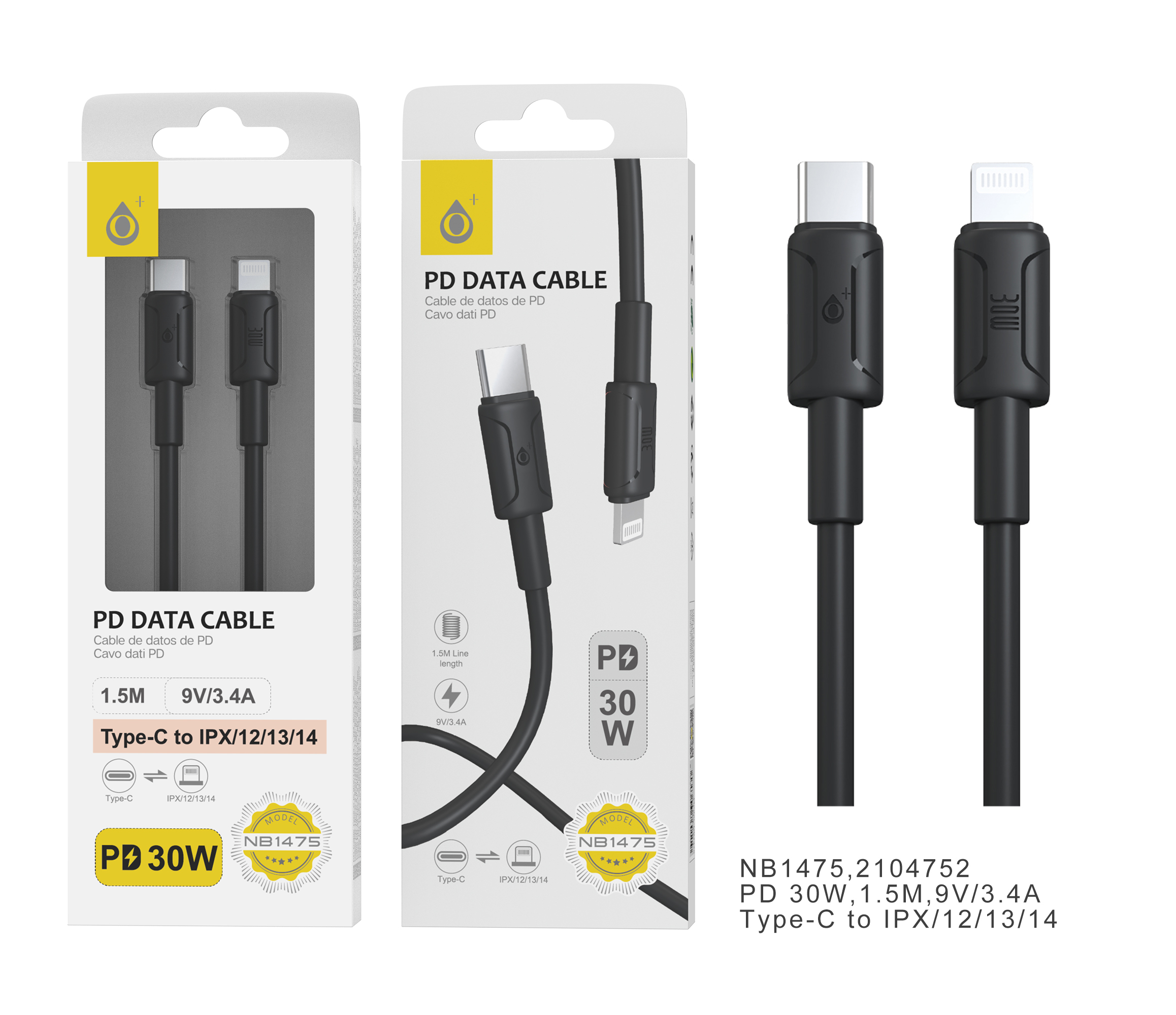 NB1475 NE Cable de datos Finn nylon trenzado para Type-C a Lightning , Carga Rapida PD,30W/9V/3.4A,