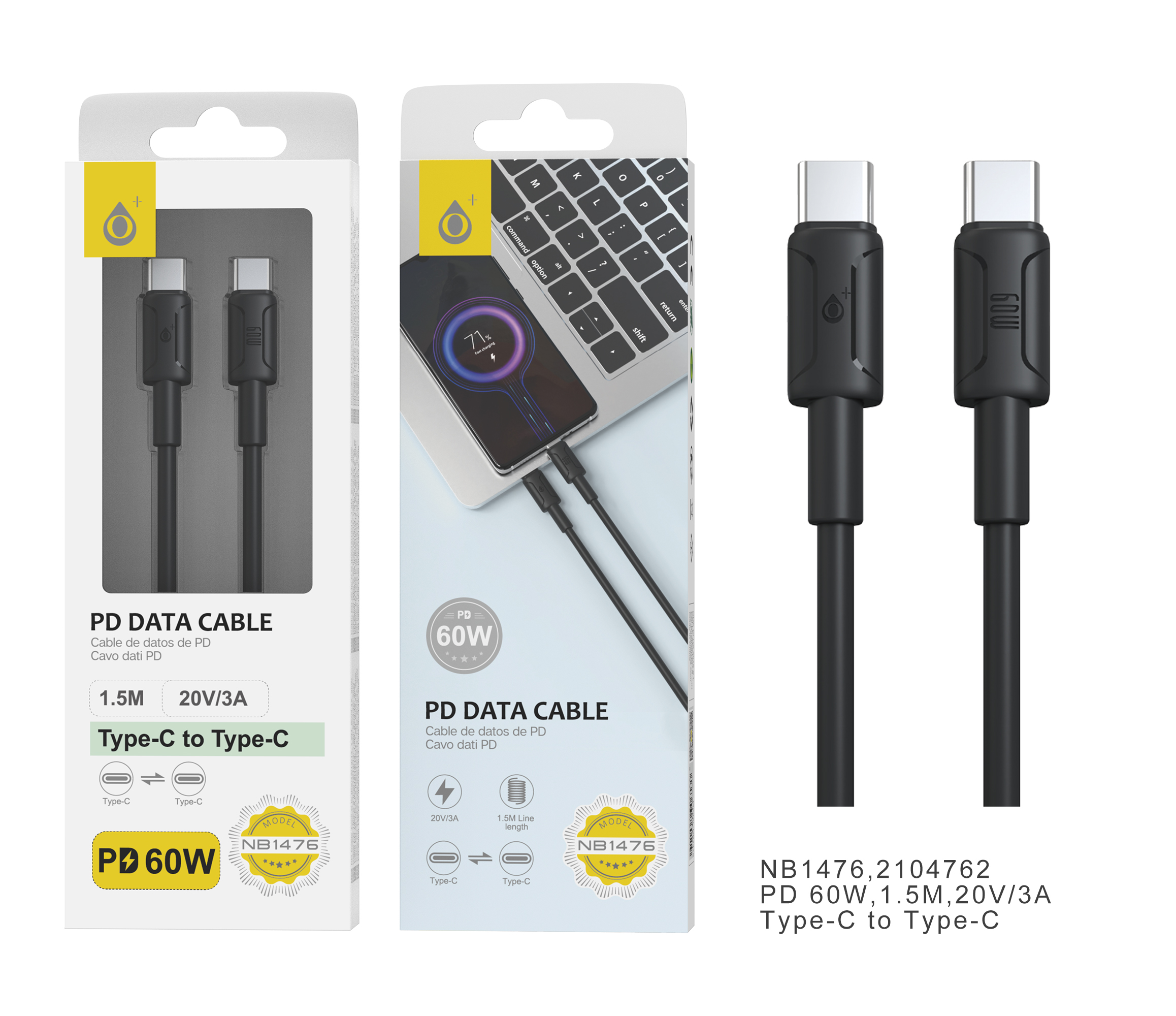 NB1476 NE Cable de datos Finn para Type-C a Type-C , Carga Rapida PD, 60W/20V/3A, 1.5M, Negro