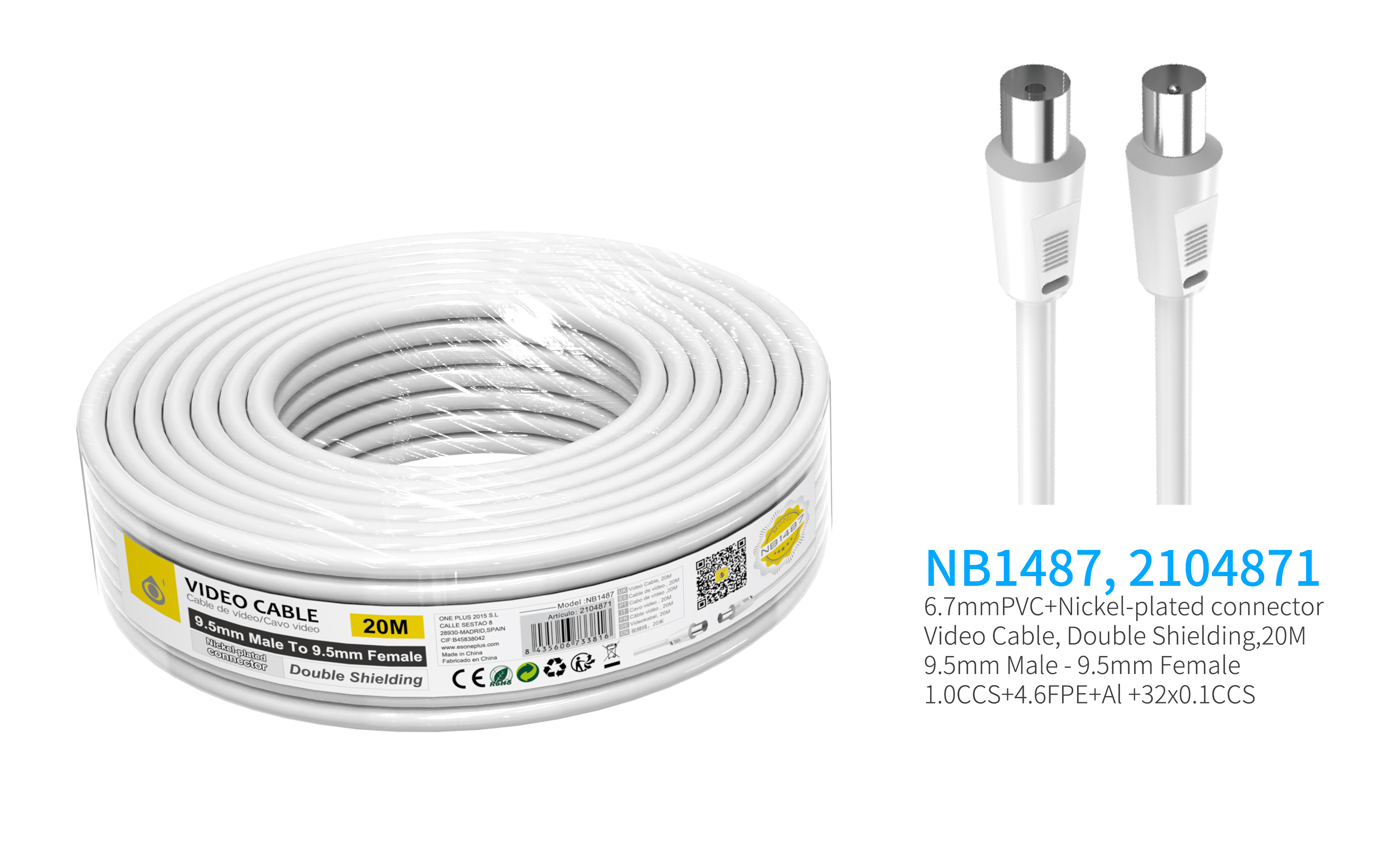 NB1487  Cable de Video(Coaxial) Conector banado en niquel 9.5mm  Macho a Hembra, doble blindaje, 20