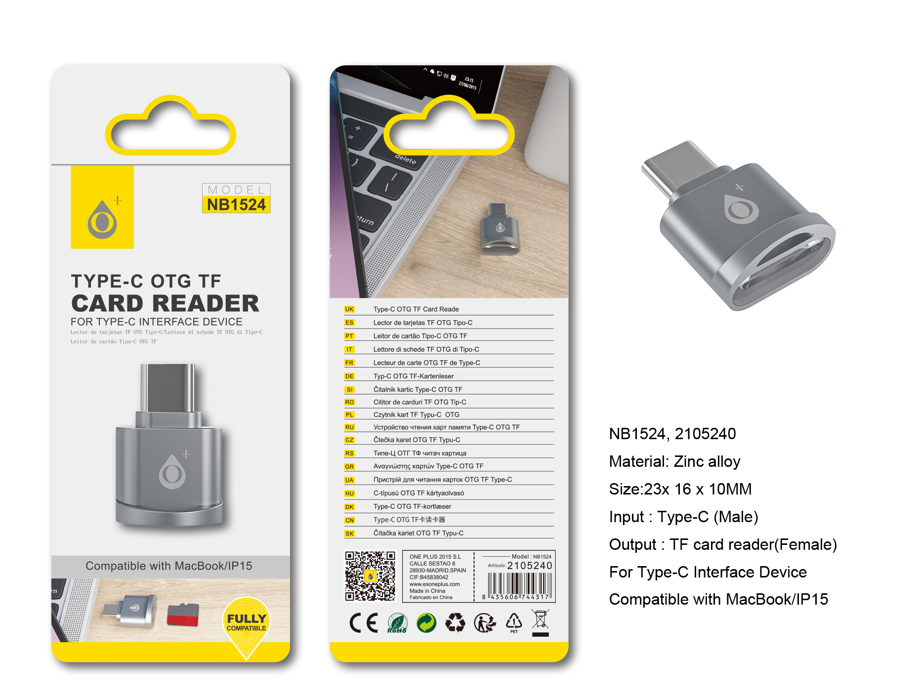NB1524 PT Adaptador OTG  Zinc alloy Type-C (Macho) a Tarjeta TF (Hembra) , Plata