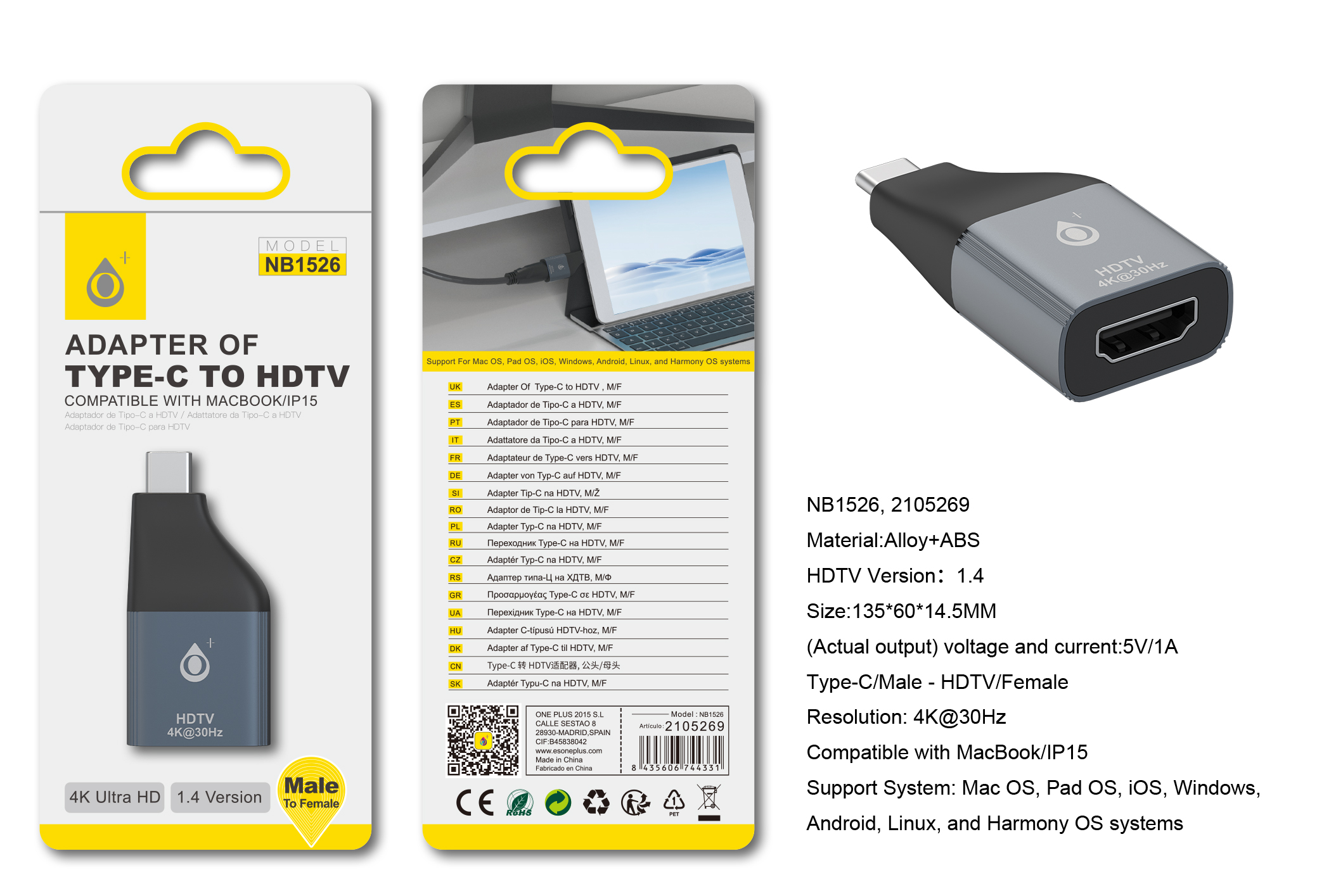 NB1526 Adaptador Type-C (Macho) a HDMI V1.4 (Hembra) 4K/30Hz Compatible con Apple Type-C