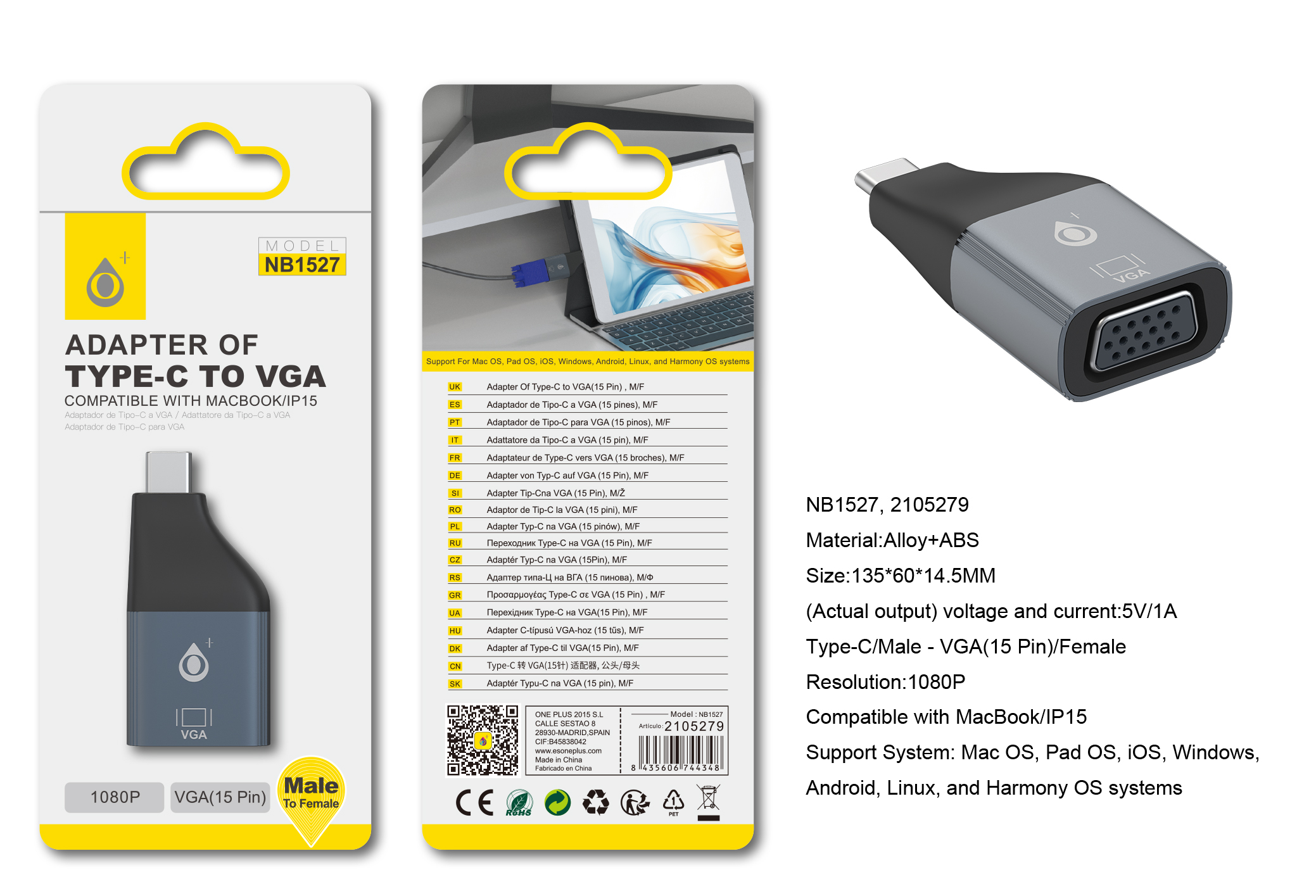 NB1527 Adaptador Type-C (Macho) a VGA 15Pin (Hembra) 4K/30Hz Compatible con Apple Type-C