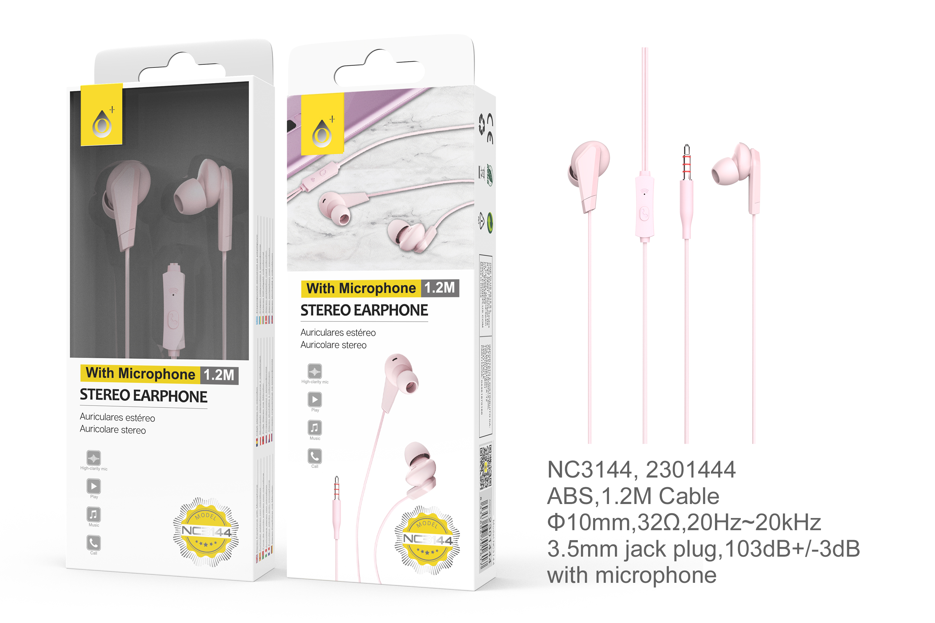 NC3144 RS Auriculares Tristina con Microfono y Boton Multifunciones, Longitud 1,2M, Rosa