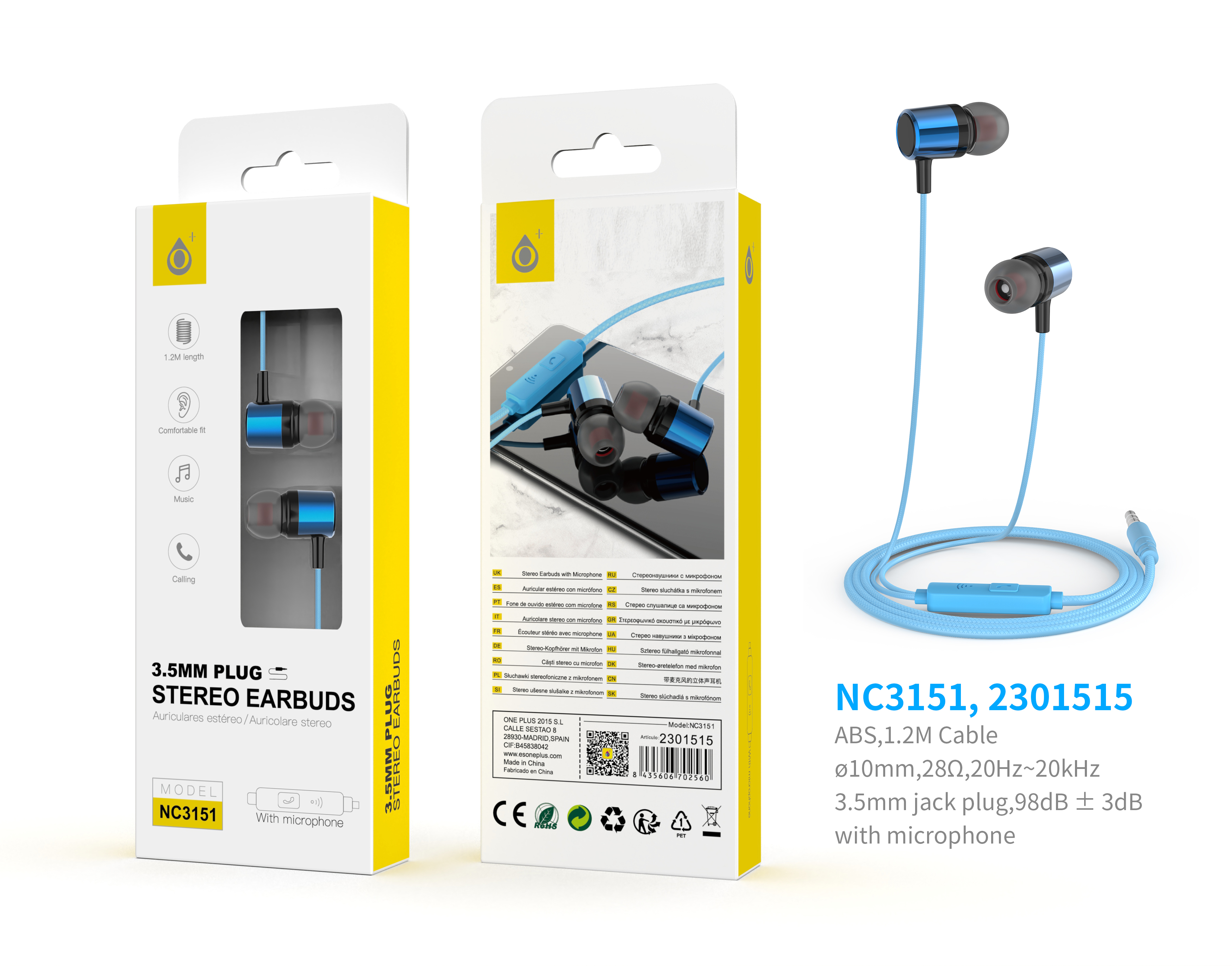 NC3151 AZ Auriculares Ring con Microfono y Boton multifunciones, Longitud 1,2M, Azul