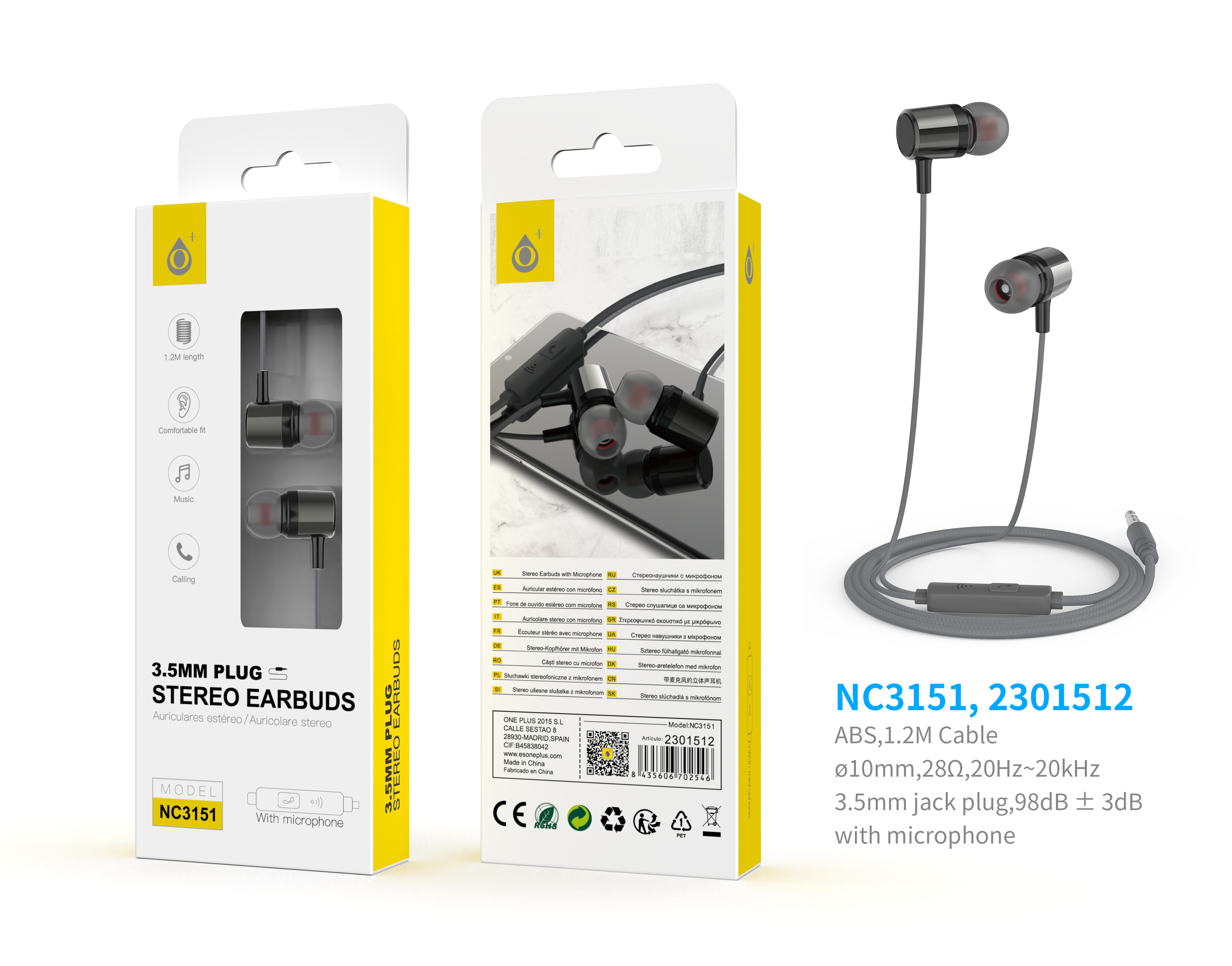 NC3151 NE Auriculares Ring con Microfono y Boton multifunciones, Longitud 1,2M, Negro