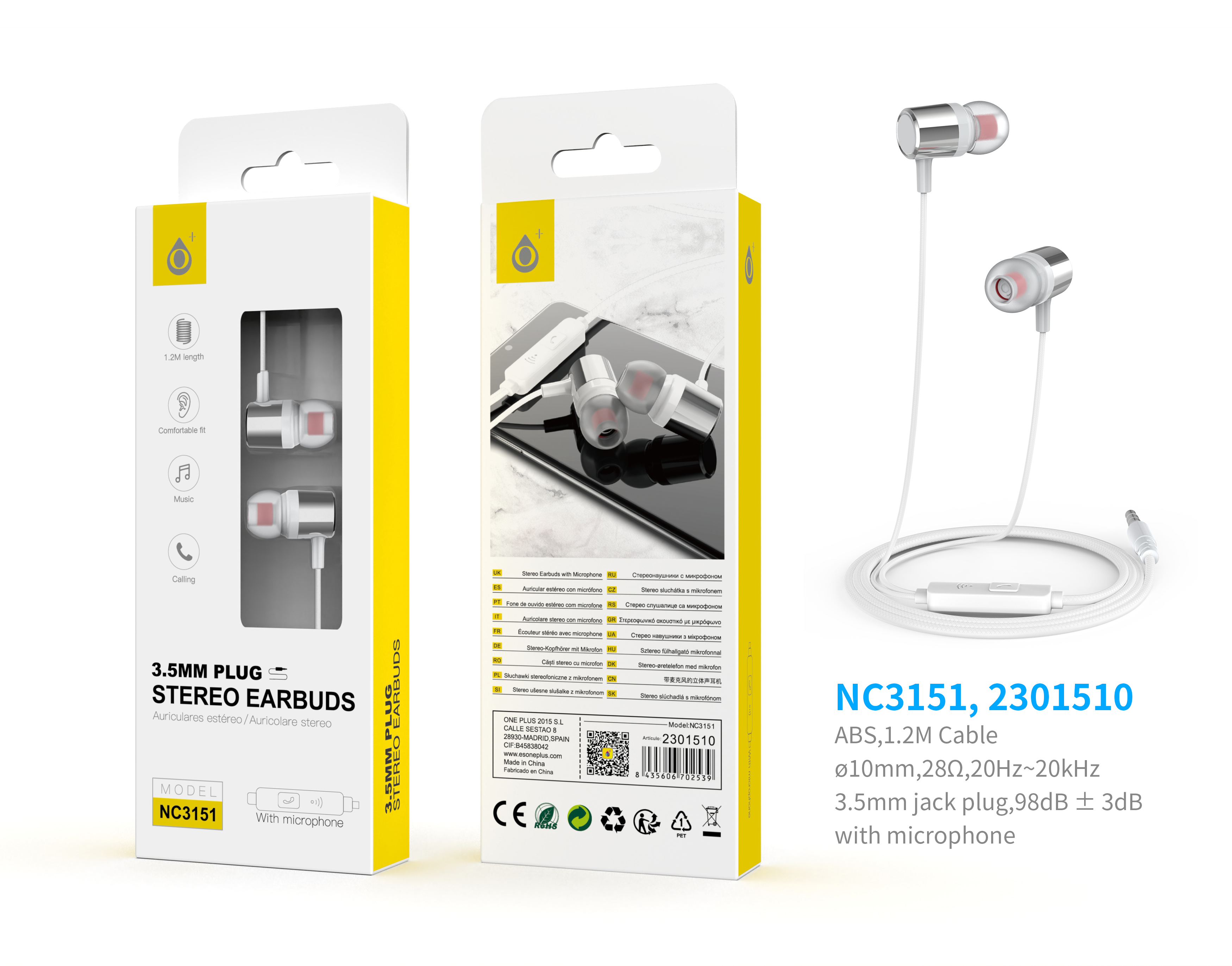 NC3151 PL Auriculares Ring con Microfono y Boton multifunciones, Longitud 1,2M, Plata