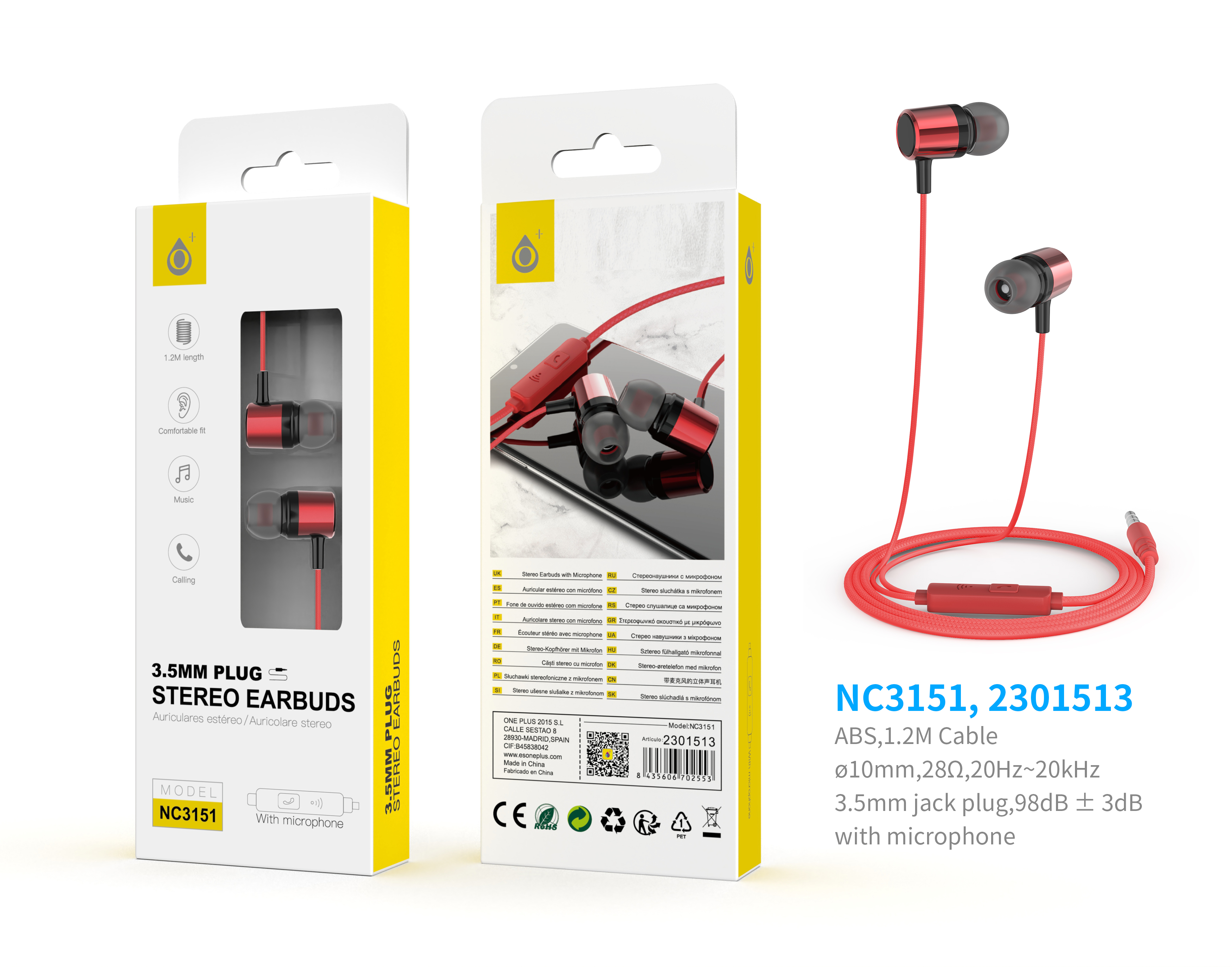 NC3151 RJ Auriculares Ring con Microfono y Boton multifunciones, Longitud 1,2M, Rojo