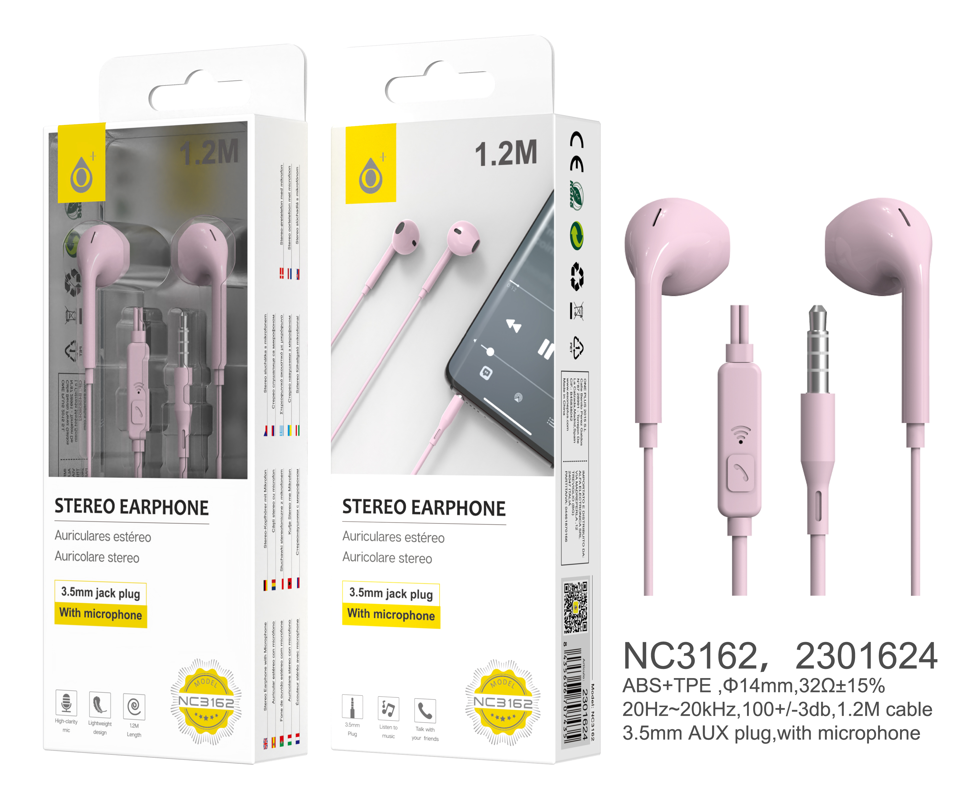 NC3162 RS Auriculares Speedy con Microfono y Boton Multifuncion, 1.2M,Rosa