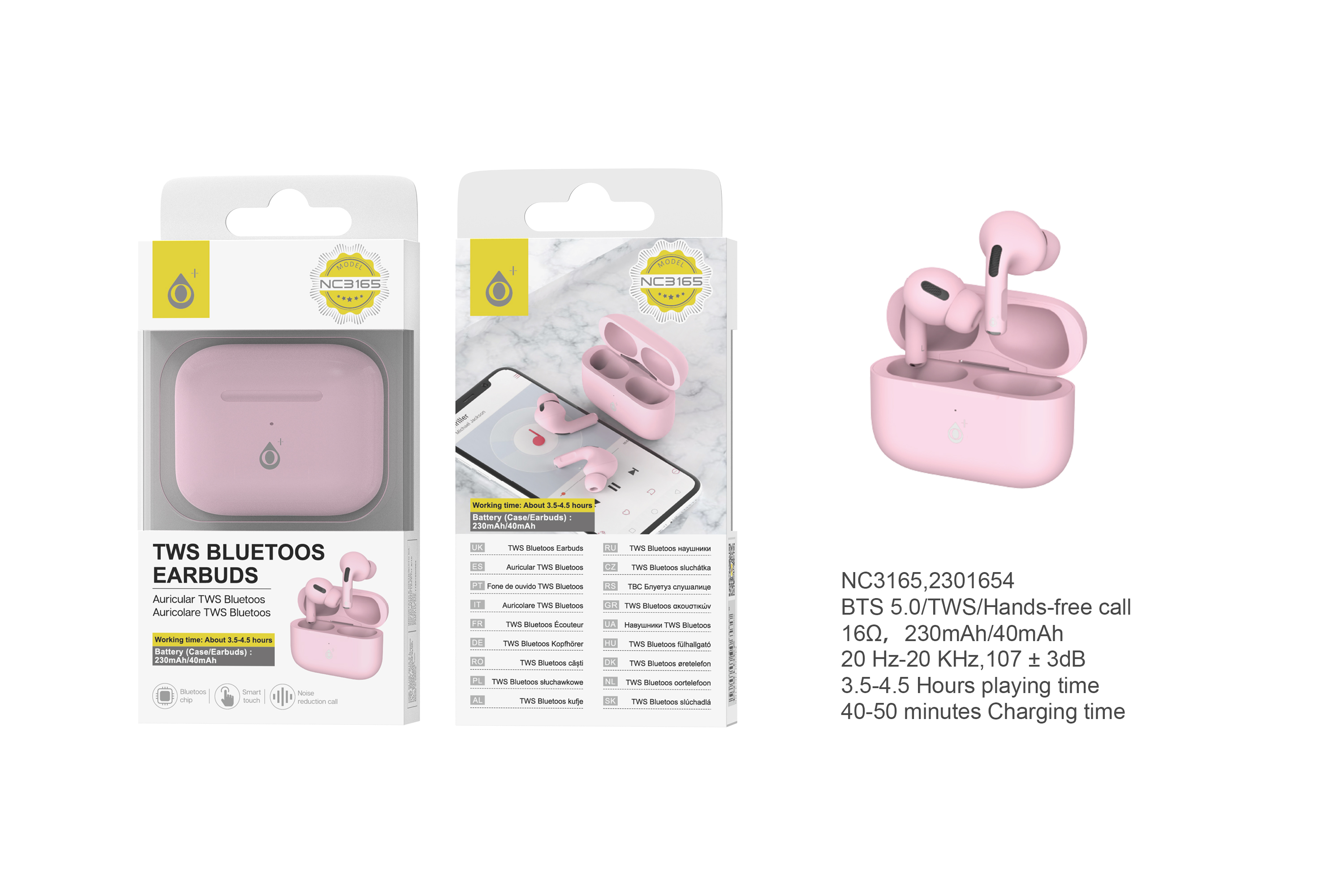 NC3165 RS Auriculares Bluetooth TWS BTS 5.0 (30mAh x2), Control Tactil, Estuche Cargable 230mAh, Rosa