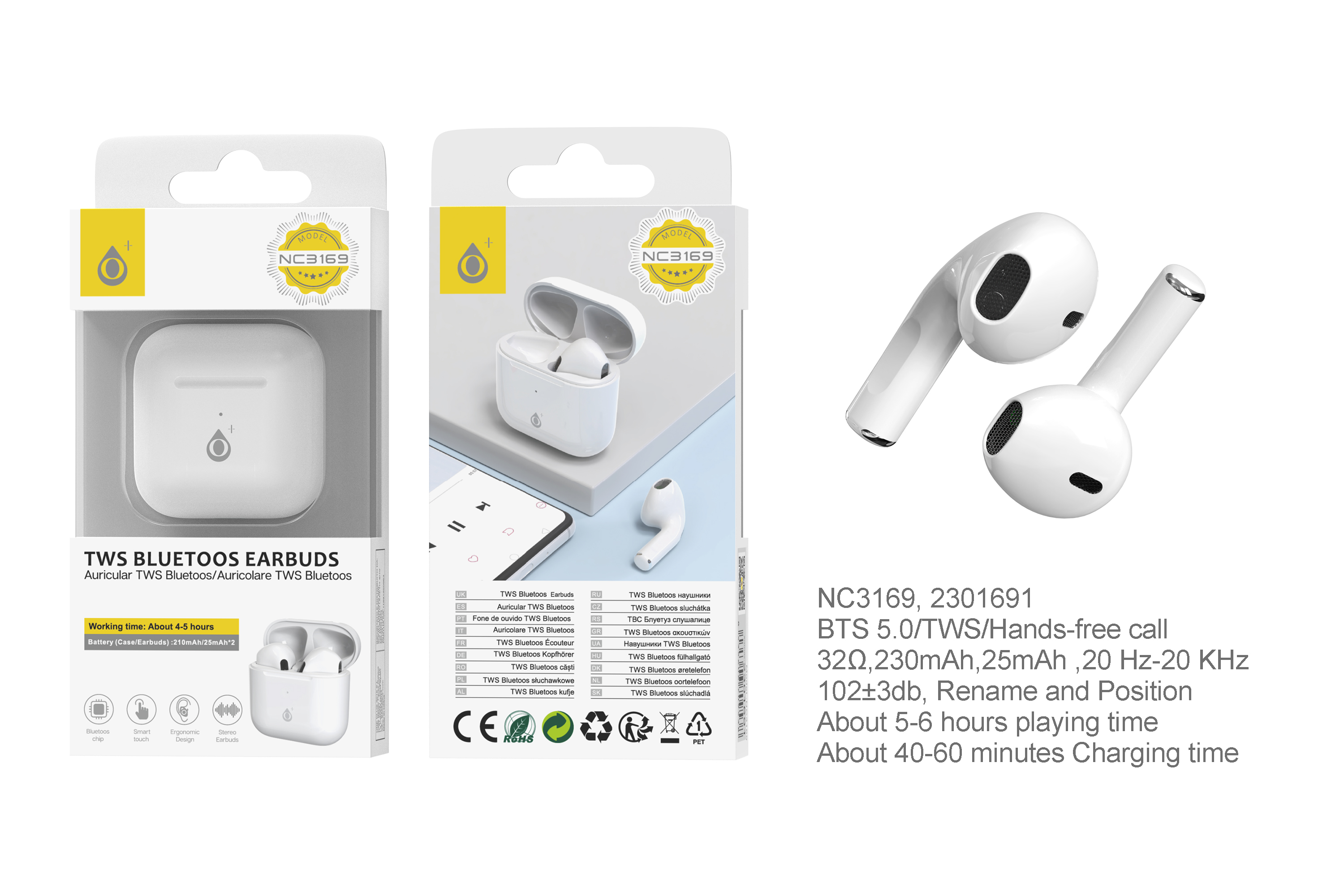 NC3169 BL Auriculares Bluetooth TWS   BTS 5.0 (25mAh*2), Control tactil ,Estuche Cargable 230mAh, Blanco