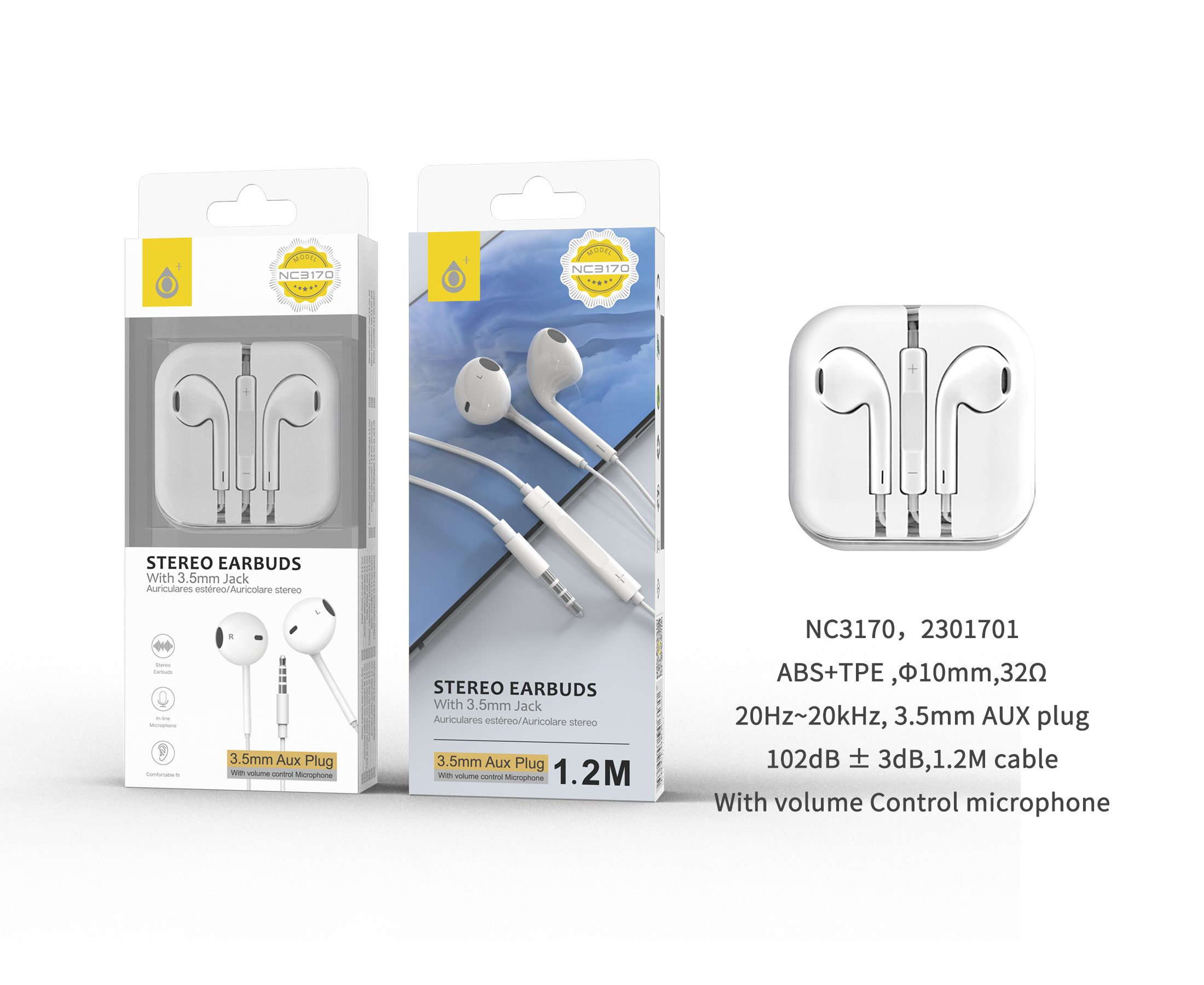 NC3170 BL Auriculares Box con Microfono, Soporta Control de Volumen y Boton multifunciones, 1.2m, Blanco