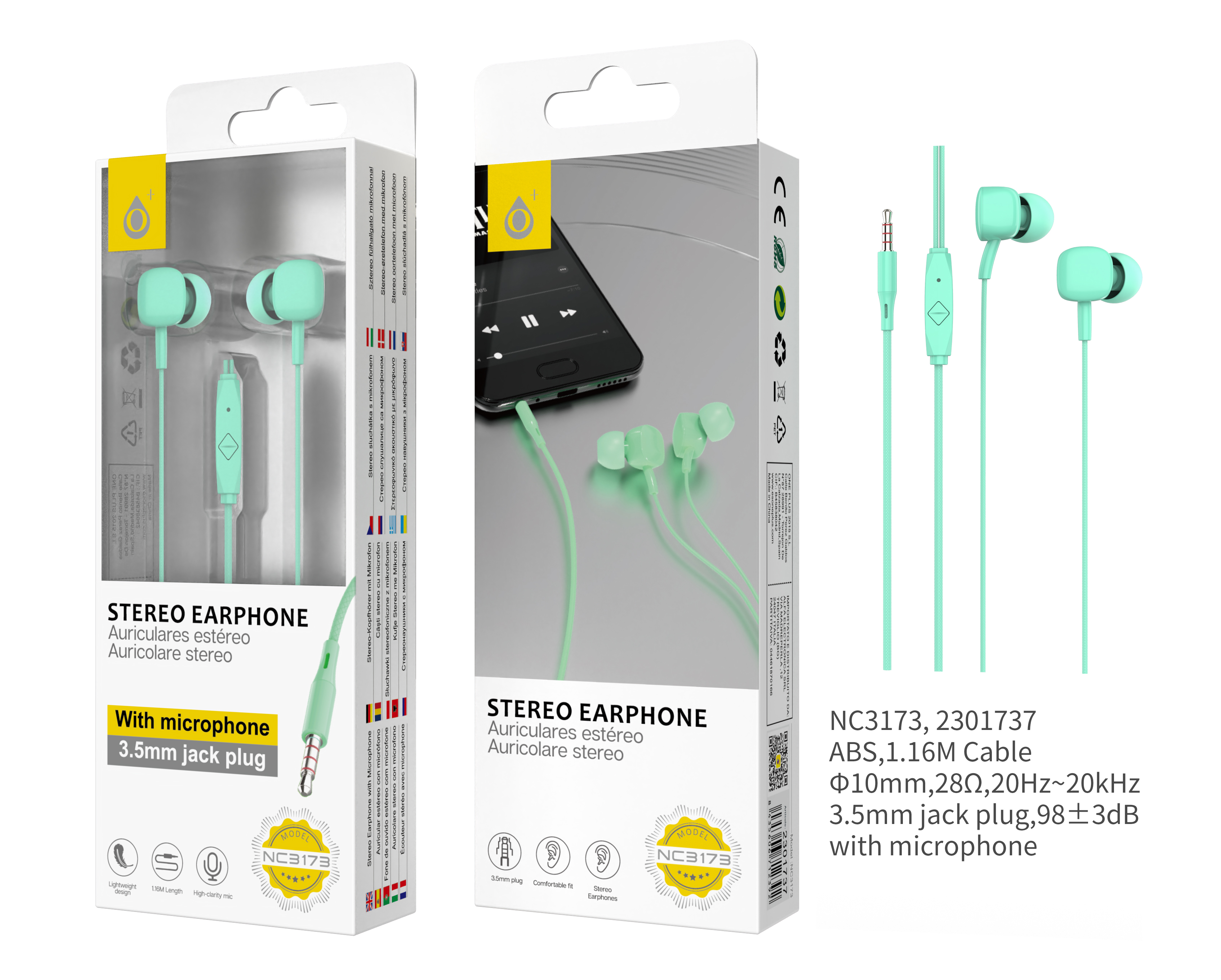 NC3173 VE Auriculares con Micrófono de alta calidad Namdi,Boton Multifuncion y Control Volumen, Longitud  1.16M,Verde