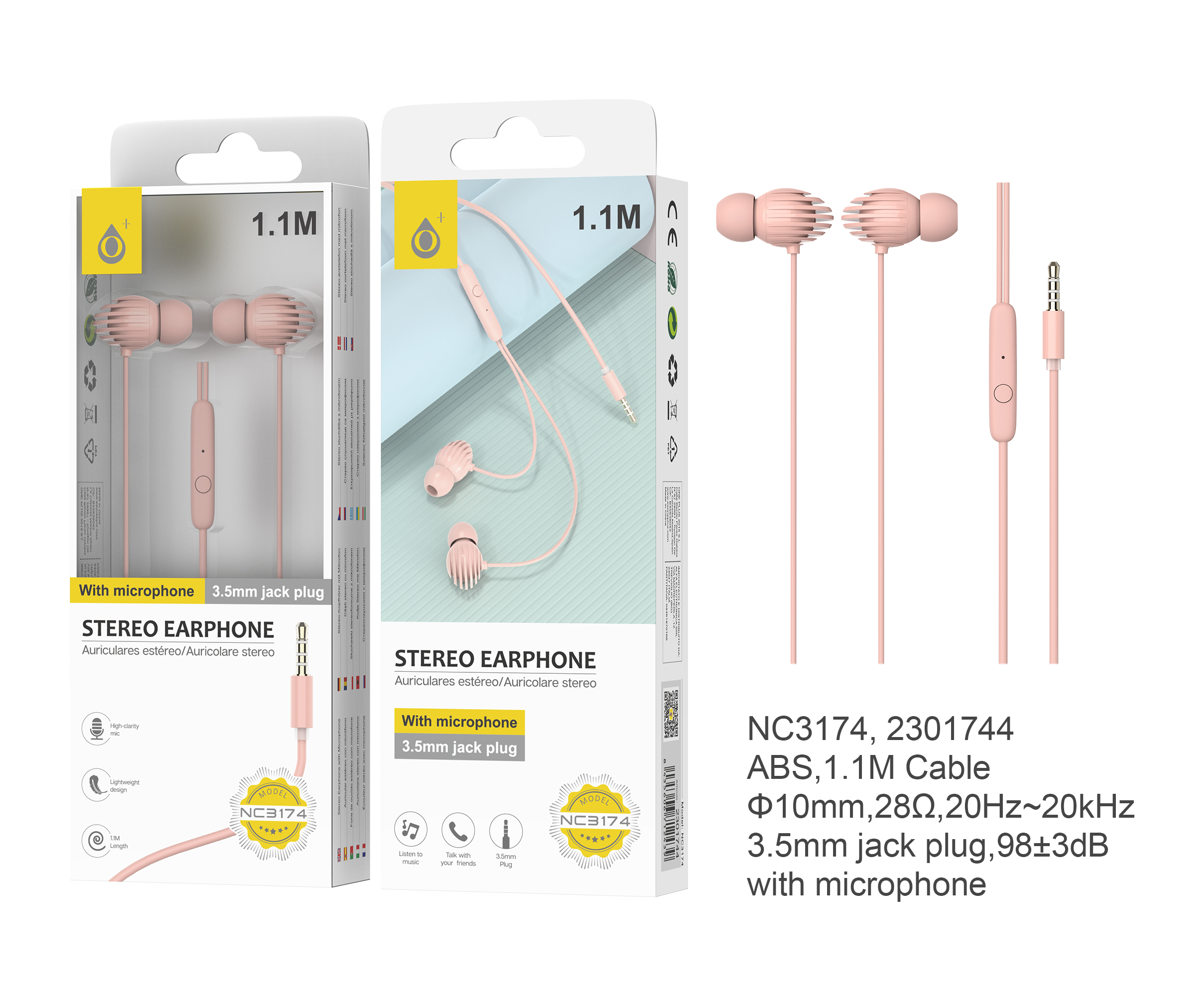 NC3174 RS Auriculares con Micrófono Deluca, Con Boton Multifuncion y Control de Volumen, Longitud  1.1M,Rosa