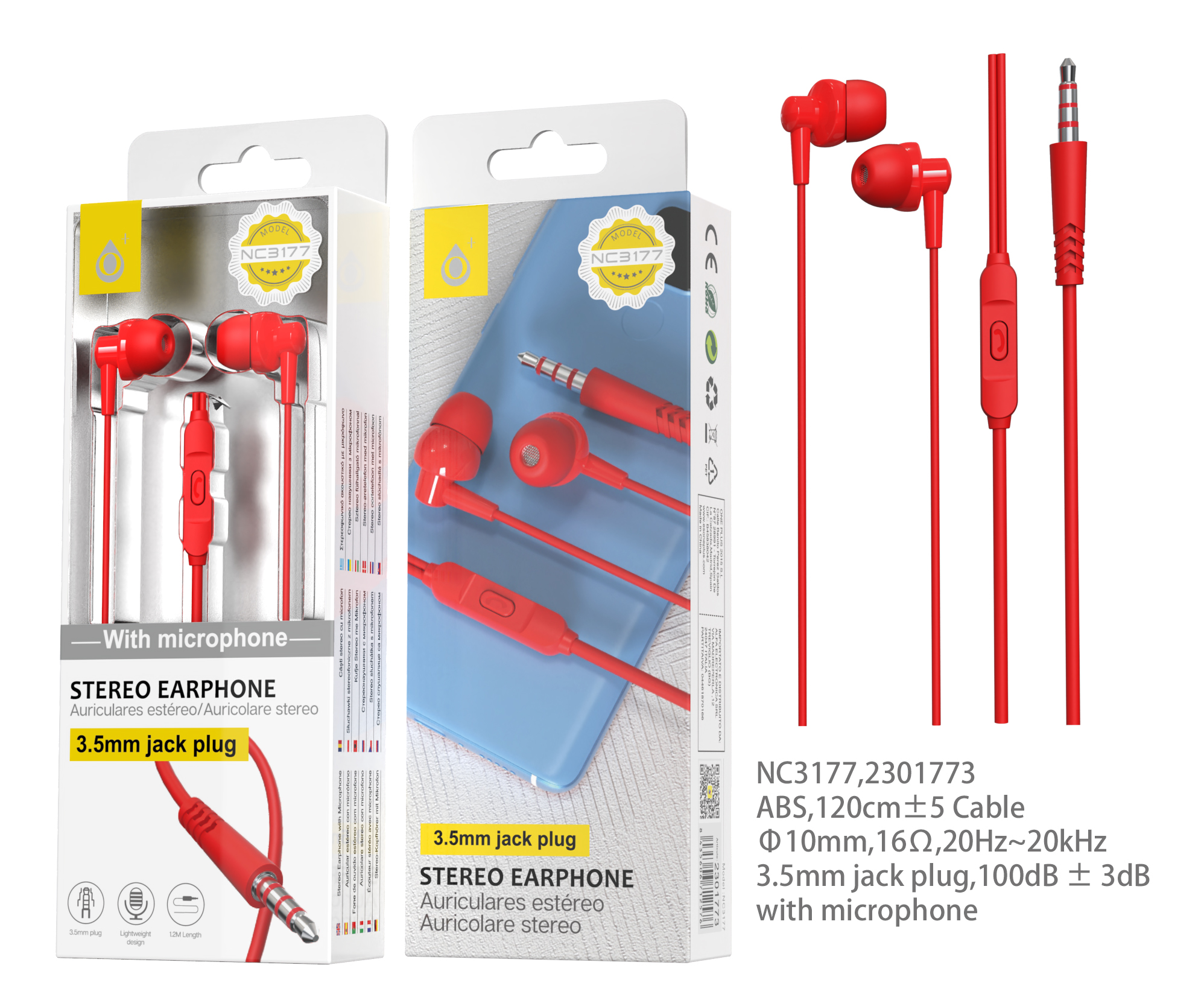 NC3177 RJ Auriculares con Micrófono Grimes, Con Boton Multifuncion y Control de Volumen, Longitud  1.2M,Rojo