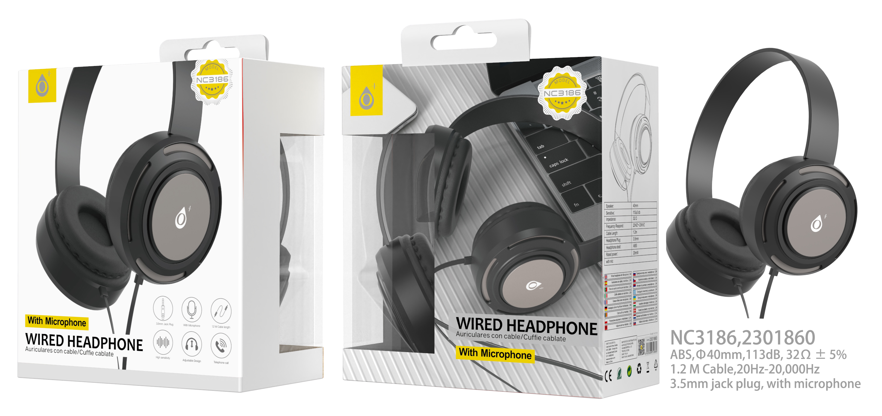 NC3186 GR Auriculares Casco Travi con Cable y Microfono, 3.5mm Jack Plug, Diseño Ajustable, Diametro 44mm, 1.2M, Gris