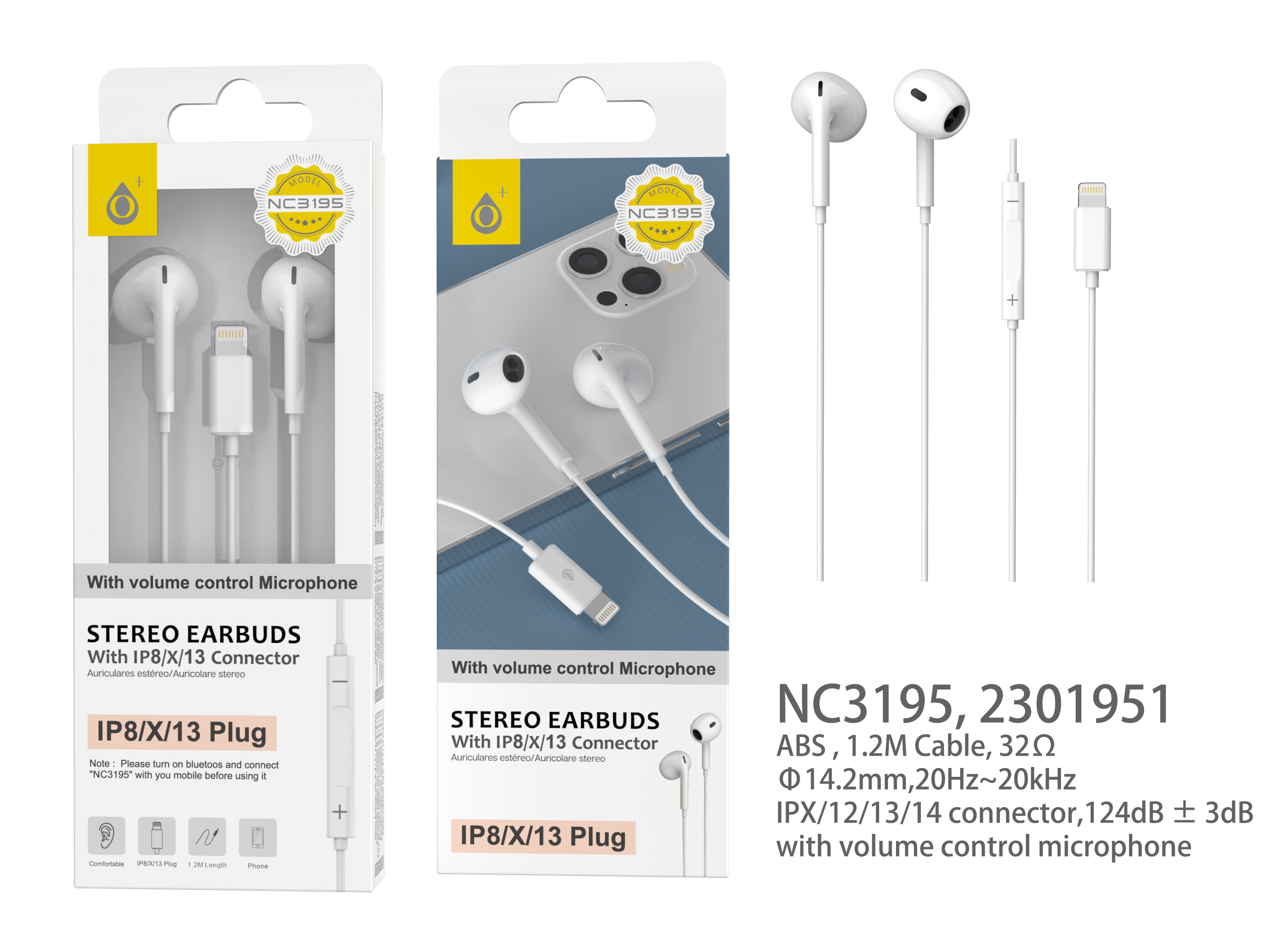 NC3195 BL Auricular Euan con Microfono y  Boton multifuncion , conecion Lightning , 1.2m, Blanco