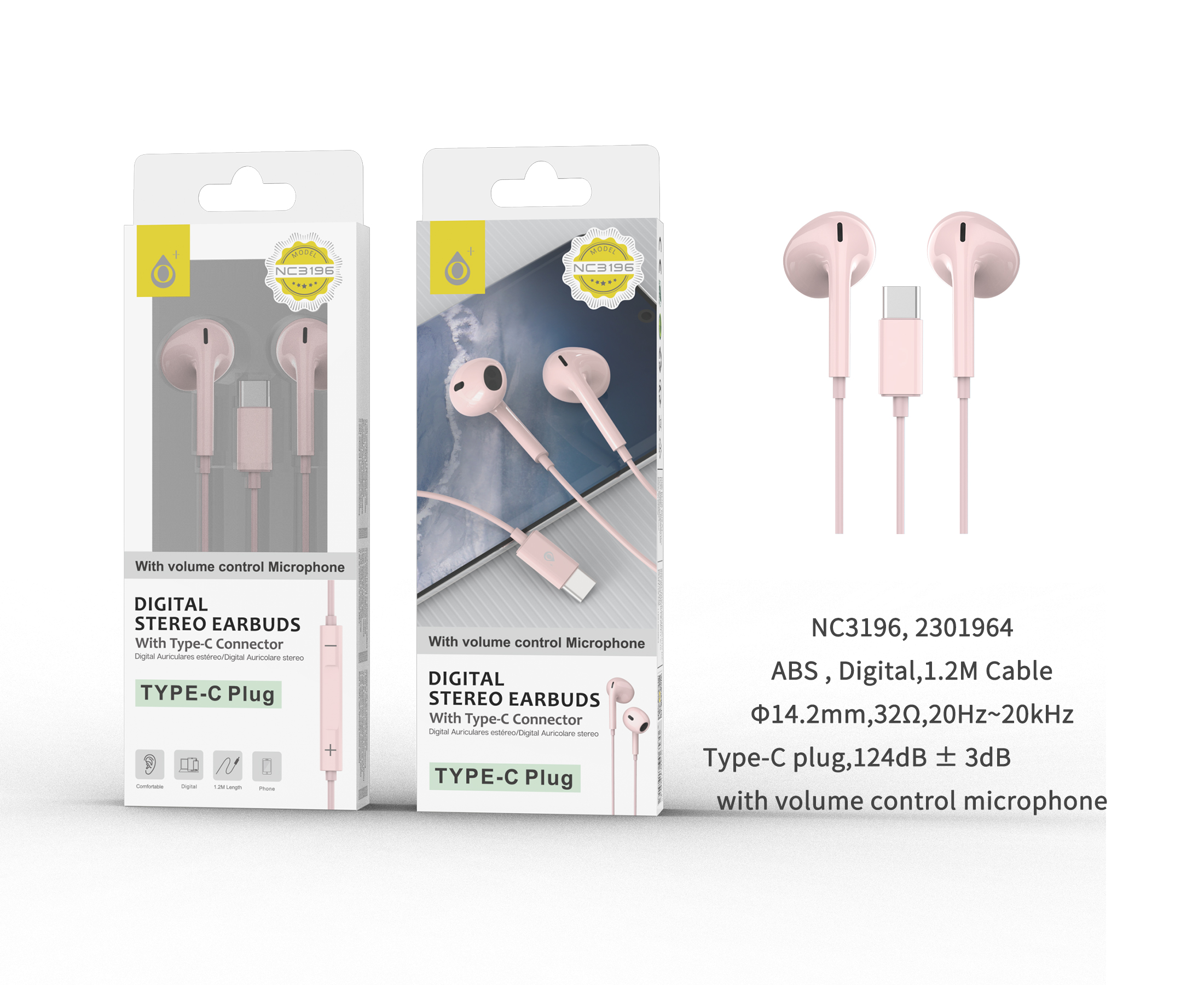 NC3196 RS Auricular TYPE-C  Alub
con Microfono y  Boton multifuncion, Rosa