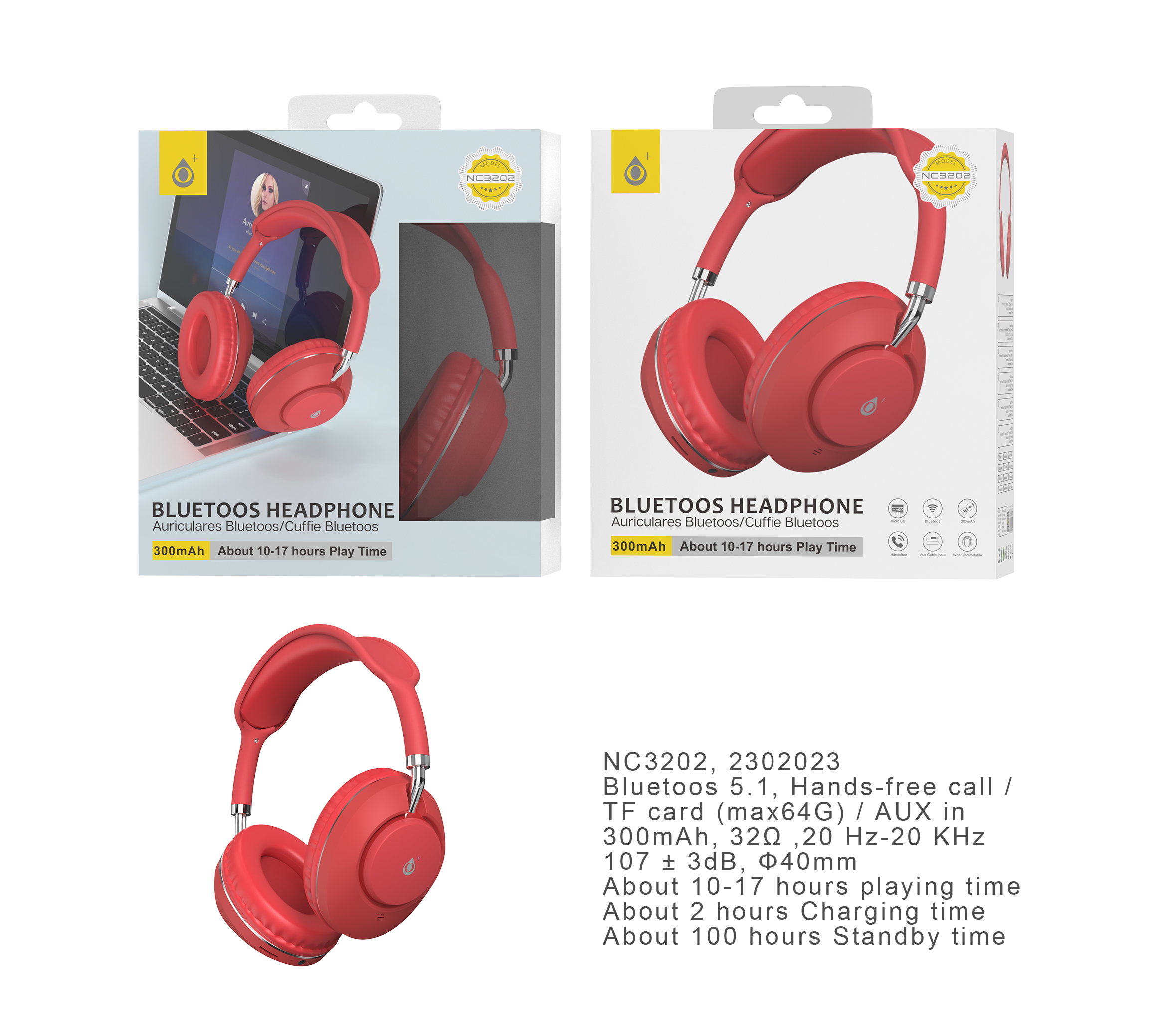 NC3202 RJ Auriculares Casco  Bluetooth 5.1  300mAh, TF , Rojo