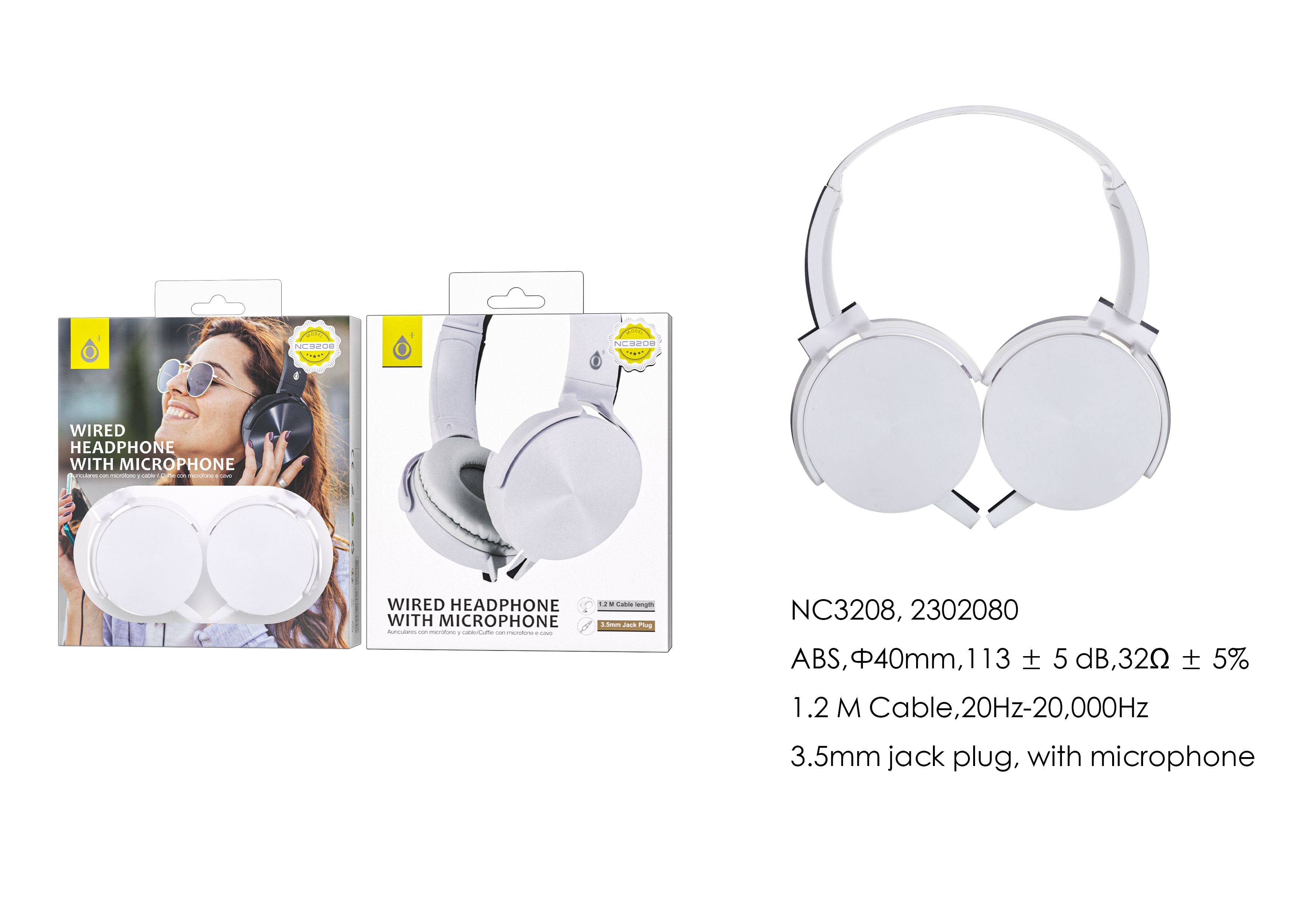 NC3208 BL Auriculares Casco de cable  con Microfono , 3.5mm Jack Plug ,  Cable 1.2M ,Blanco