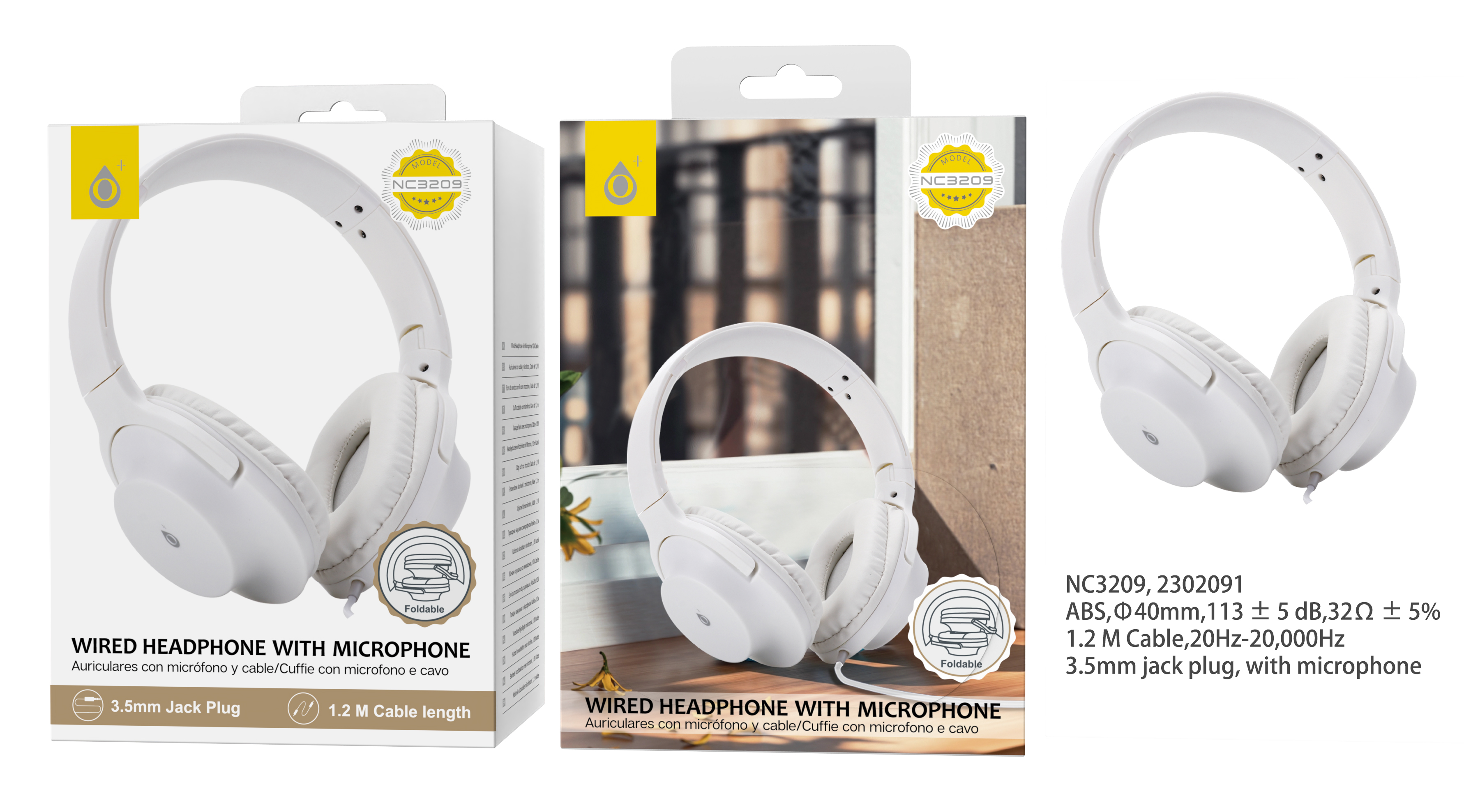 NC3209 BL Auriculares Casco Plegable con cable y Microfono , 3.5mm Jack Plug ,  1.2M ,Blanco