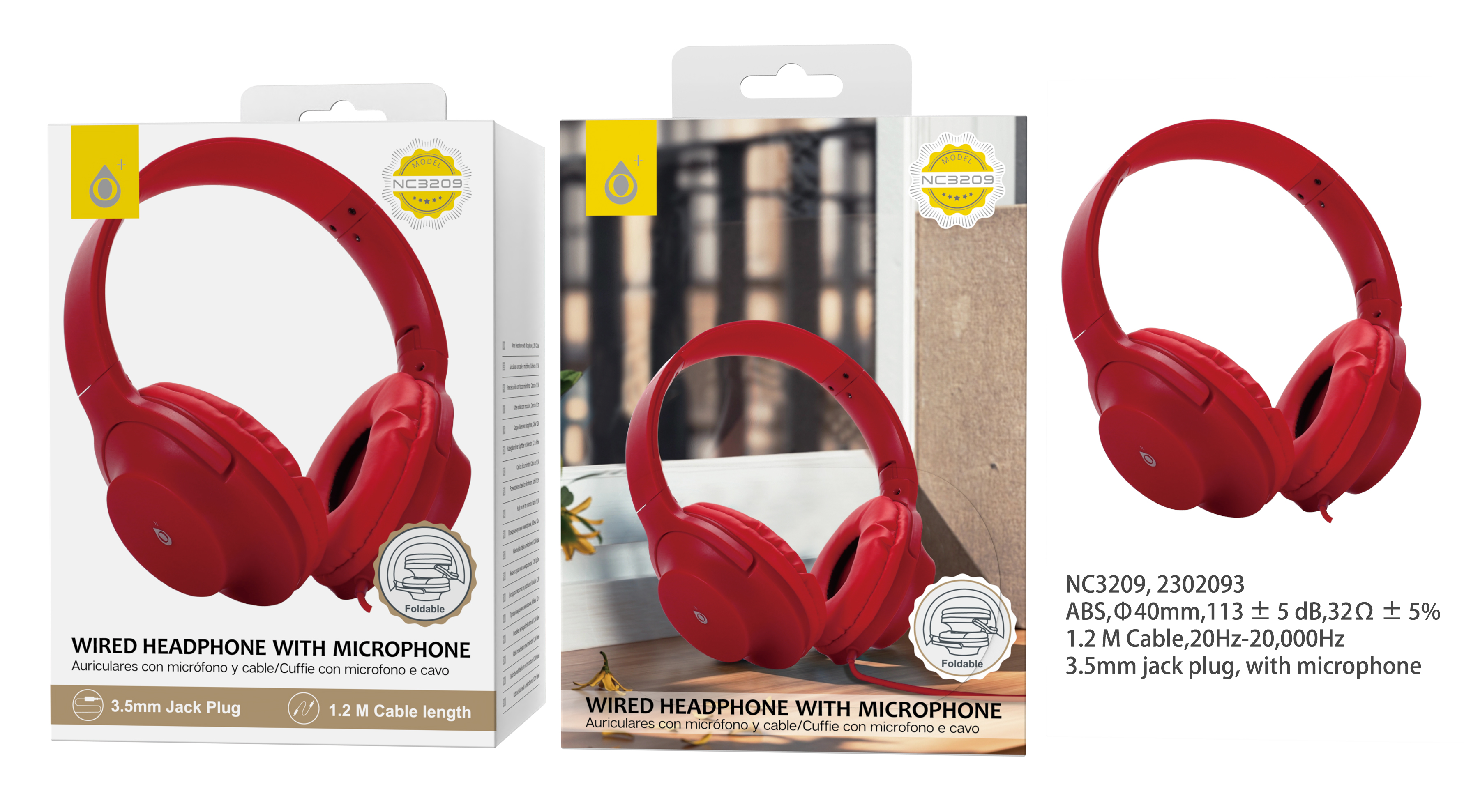 NC3209 RJ Auriculares Casco Plegable con cable y Microfono , 3.5mm Jack Plug ,  1.2M ,Rojo