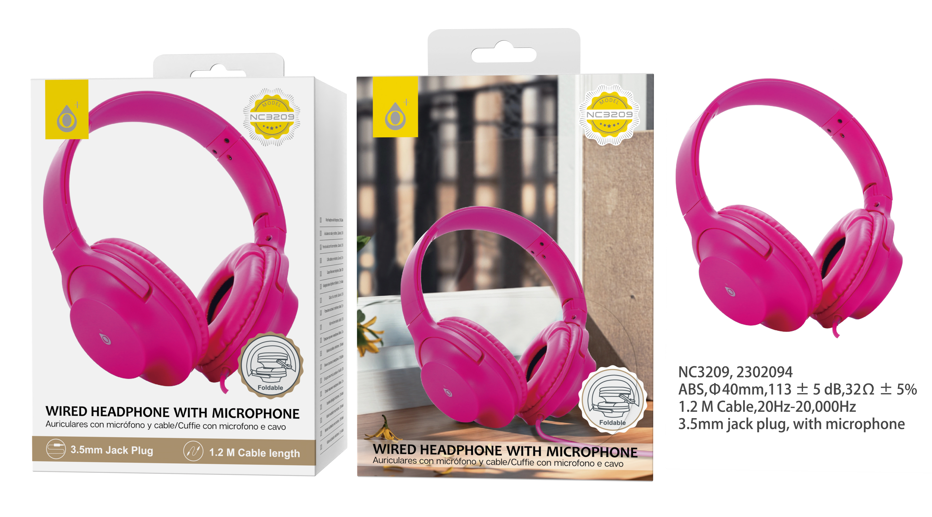 NC3209 RS Auriculares Casco Plegable con cable y Microfono , 3.5mm Jack Plug ,  1.2M ,Rosa