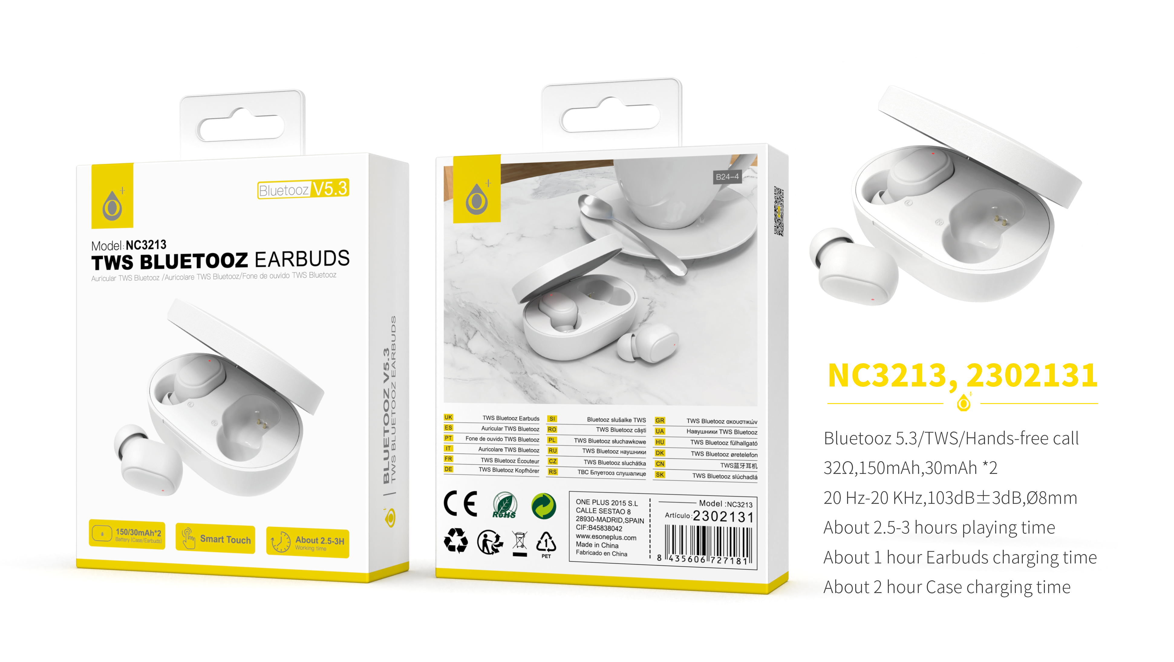 NC3213 BL Auriculares Bluetooth 5.0 TWS,Soporta mano libre, Bateria (30mAh*2) con estuche cargable(1