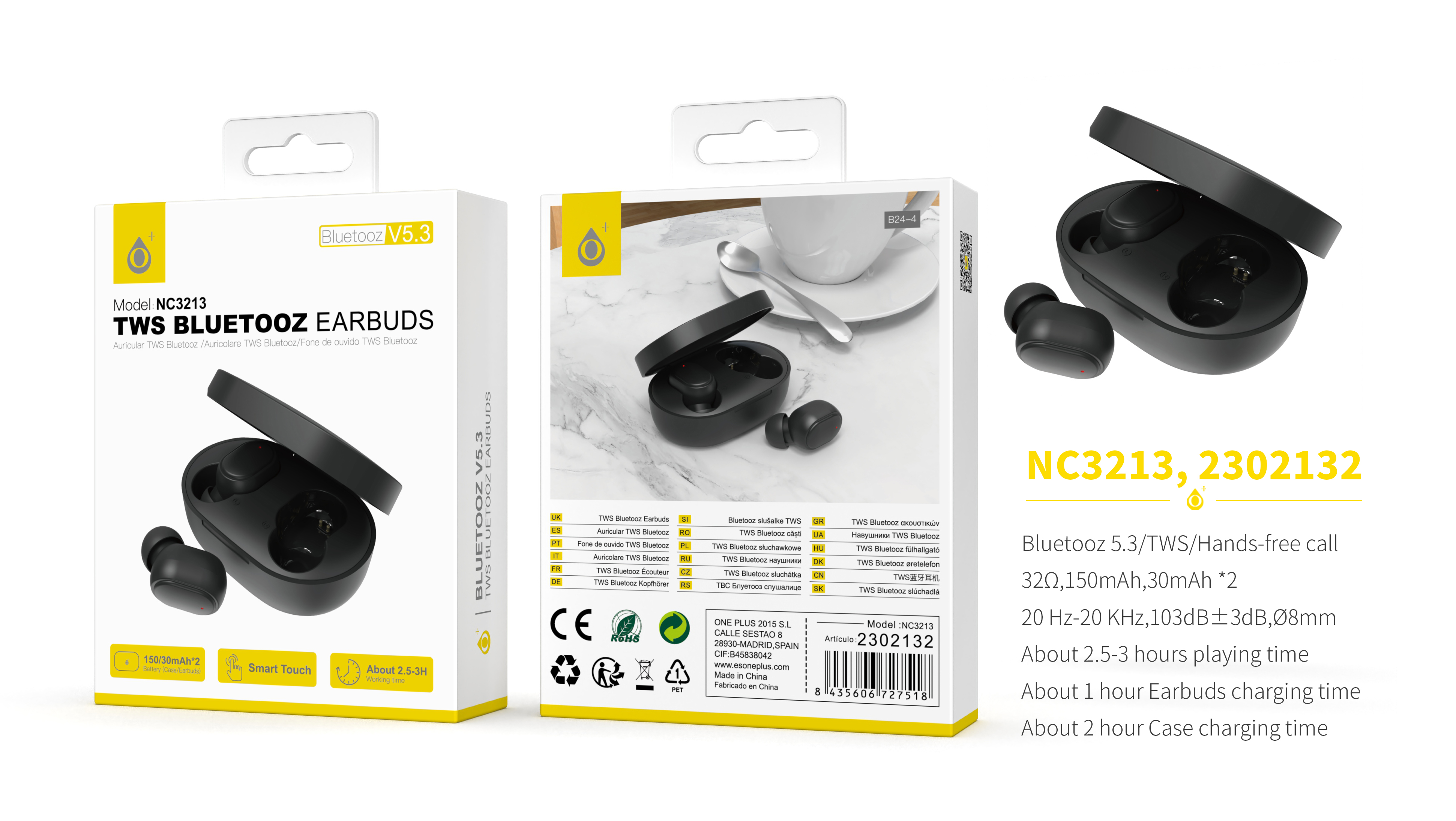 NC3213 NE Auriculares Bluetooth 5.0 TWS,Soporta mano libre, Bateria (30mAh*2) con estuche cargable(1