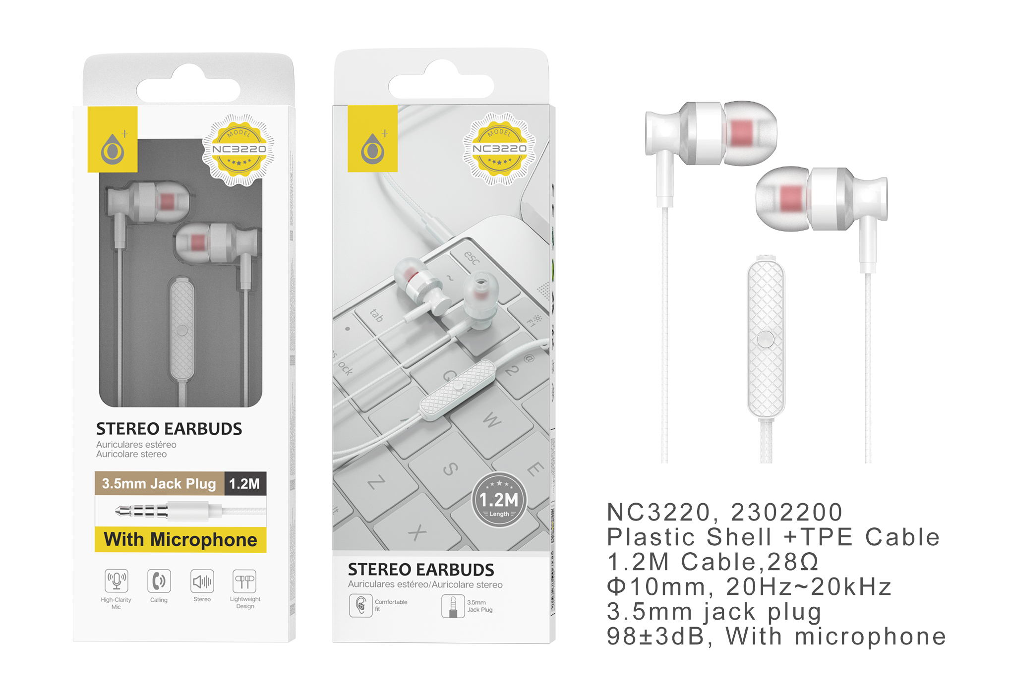 NC3220 PT Auricular line con Microfono y  Boton multifuncion, 1.2m, Plata