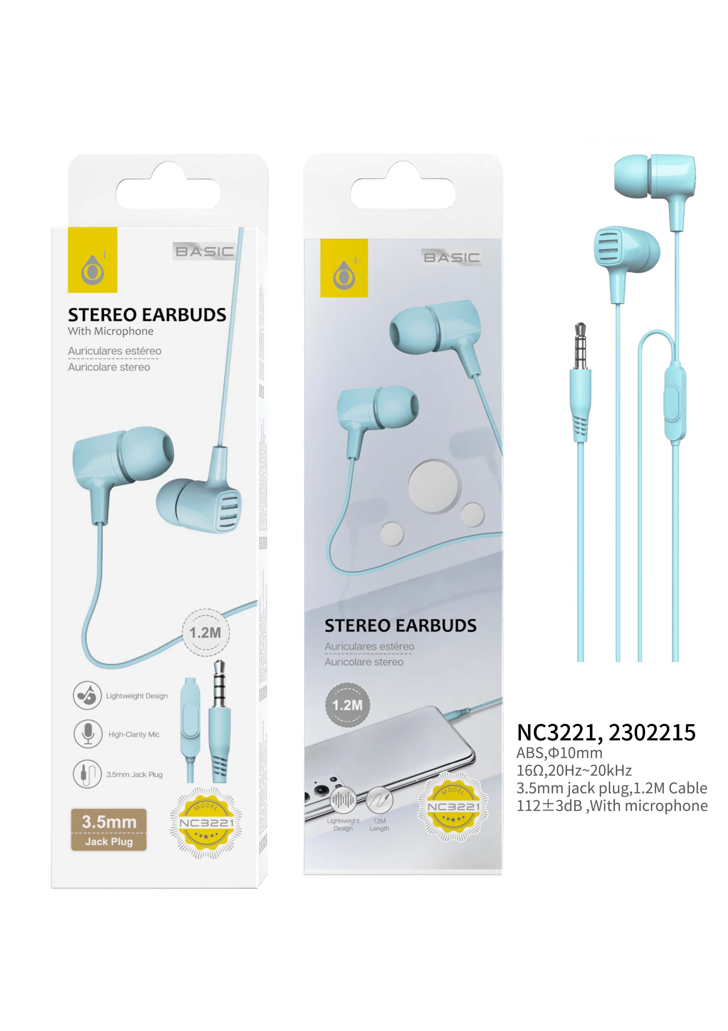 NC3221 AZ Auriculares con microfono S.Basic Gil, con boton multifunciones, cable 1.2M , Azul