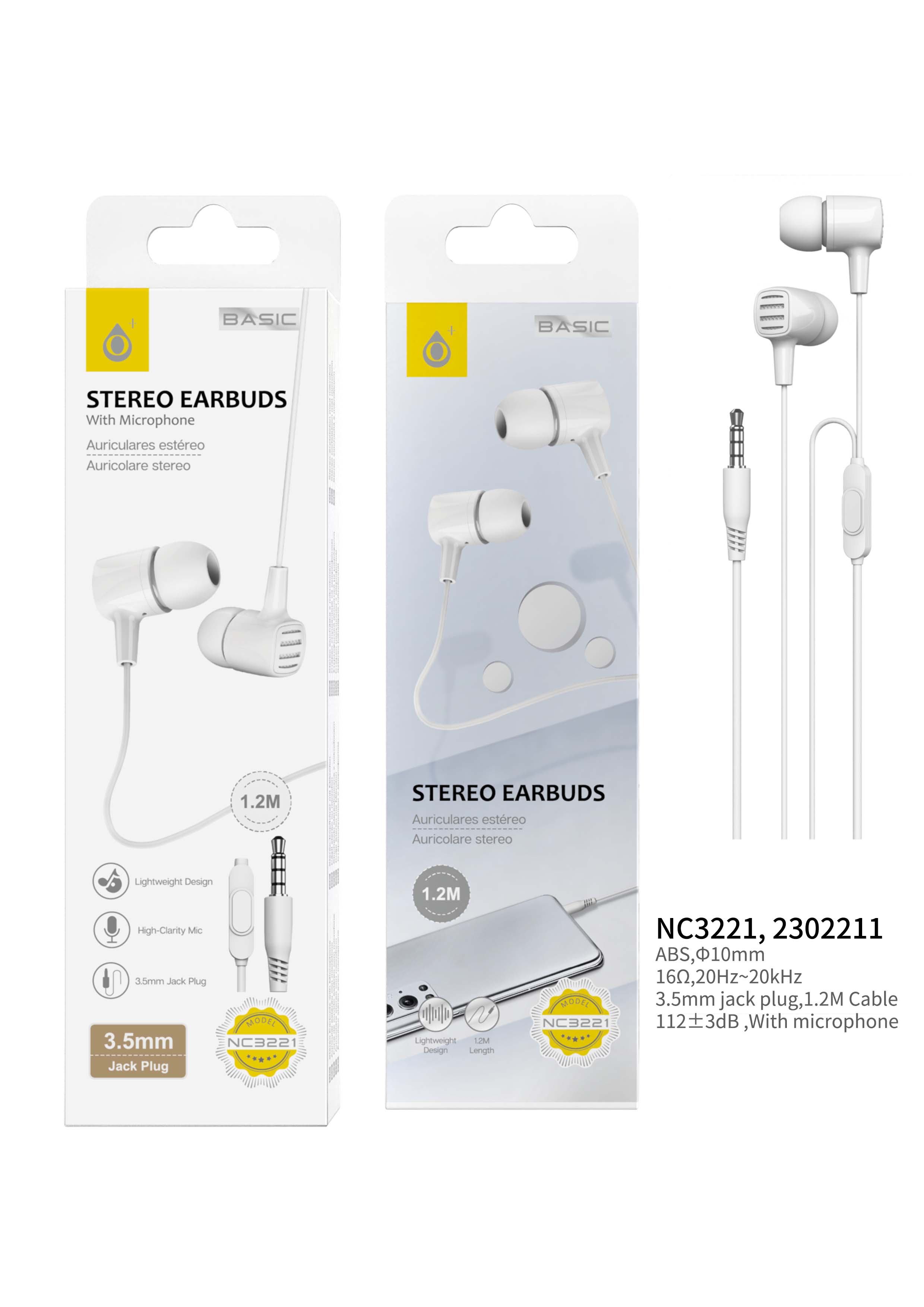 NC3221 BL Auriculares con microfono S.Basic Gil, con boton multifunciones, cable 1.2M , Blanco