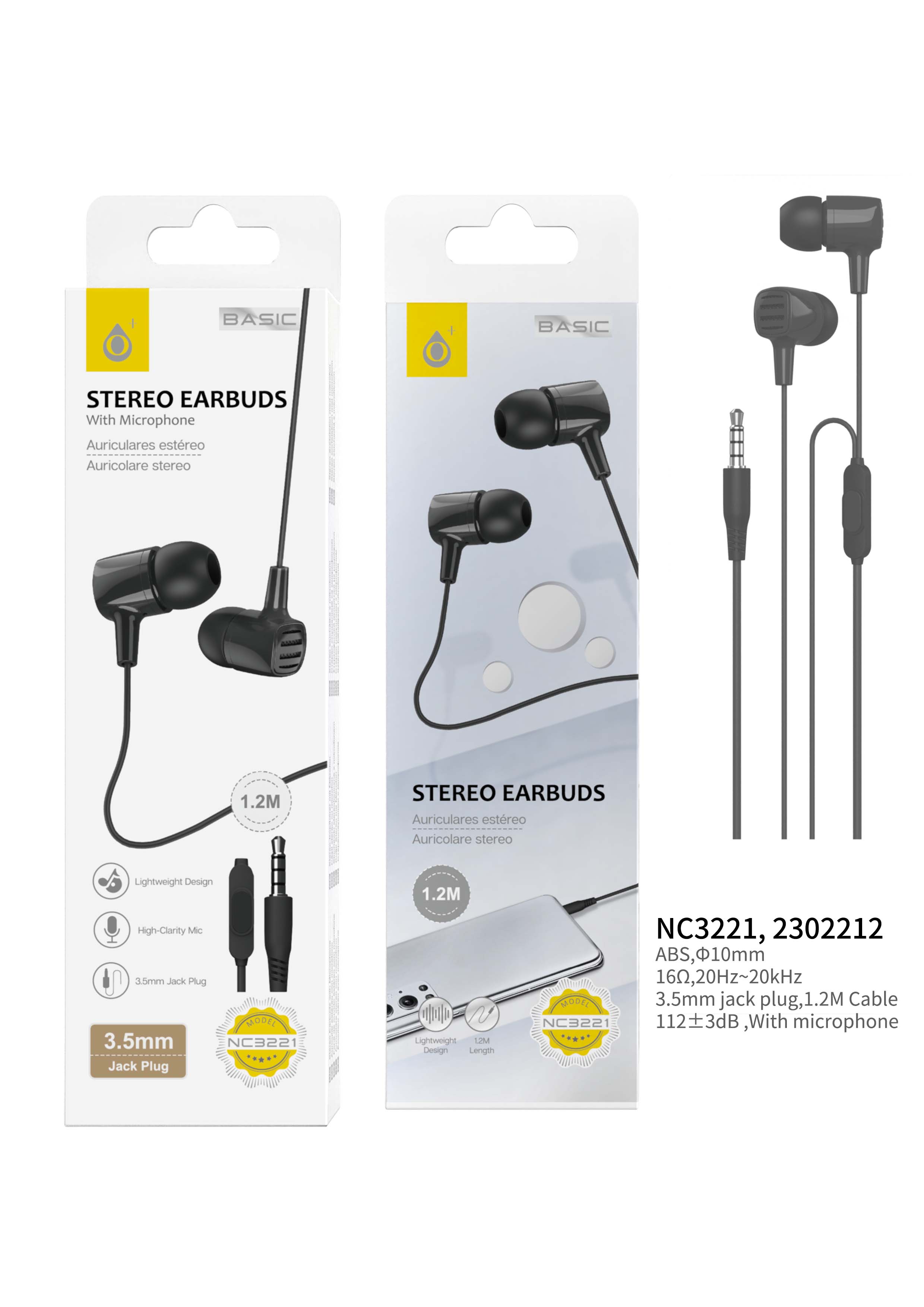 NC3221 NE Auriculares con microfono S.Basic Gil, con boton multifunciones, cable 1.2M , Negro