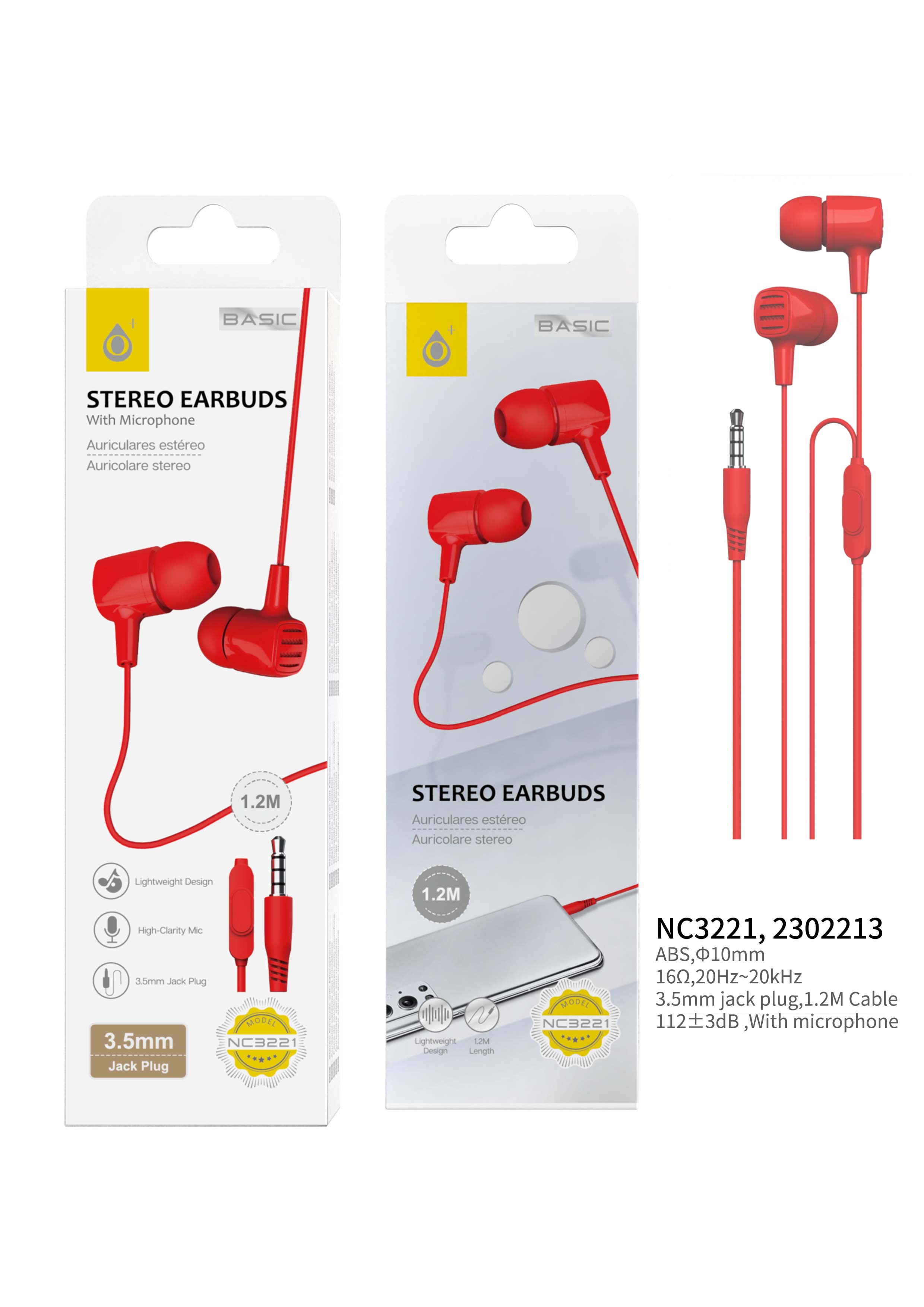 NC3221 RJ Auriculares con microfono S.Basic Gil, con boton multifunciones, cable 1.2M , Rojo