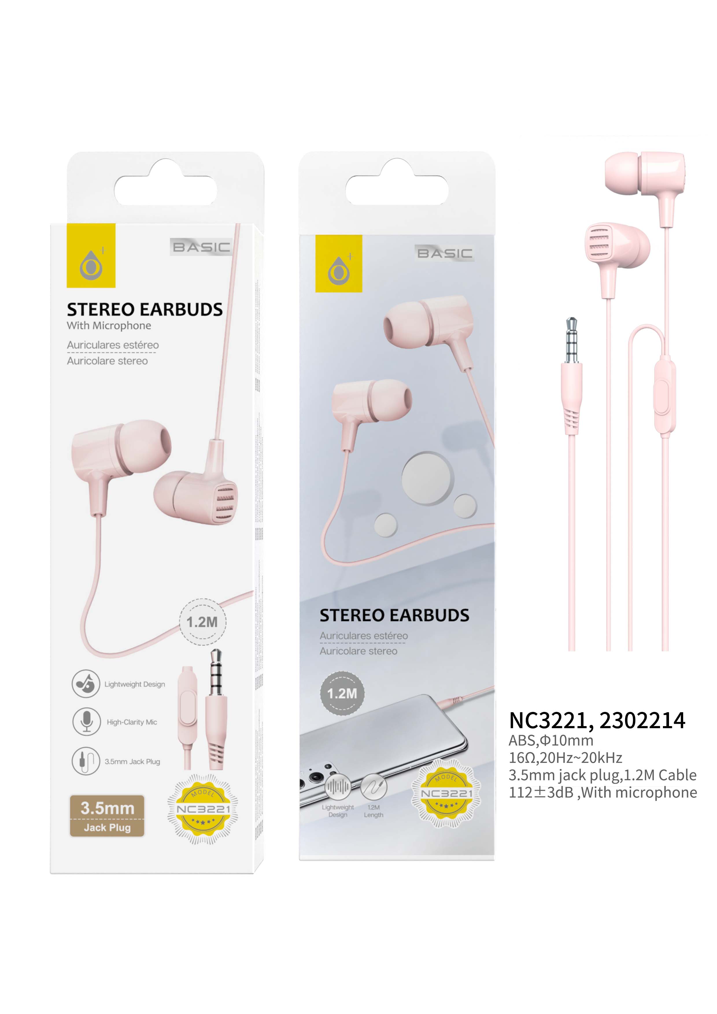 NC3221 RS Auriculares con microfono S.Basic Gil, con boton multifunciones, cable 1.2M , Rosa