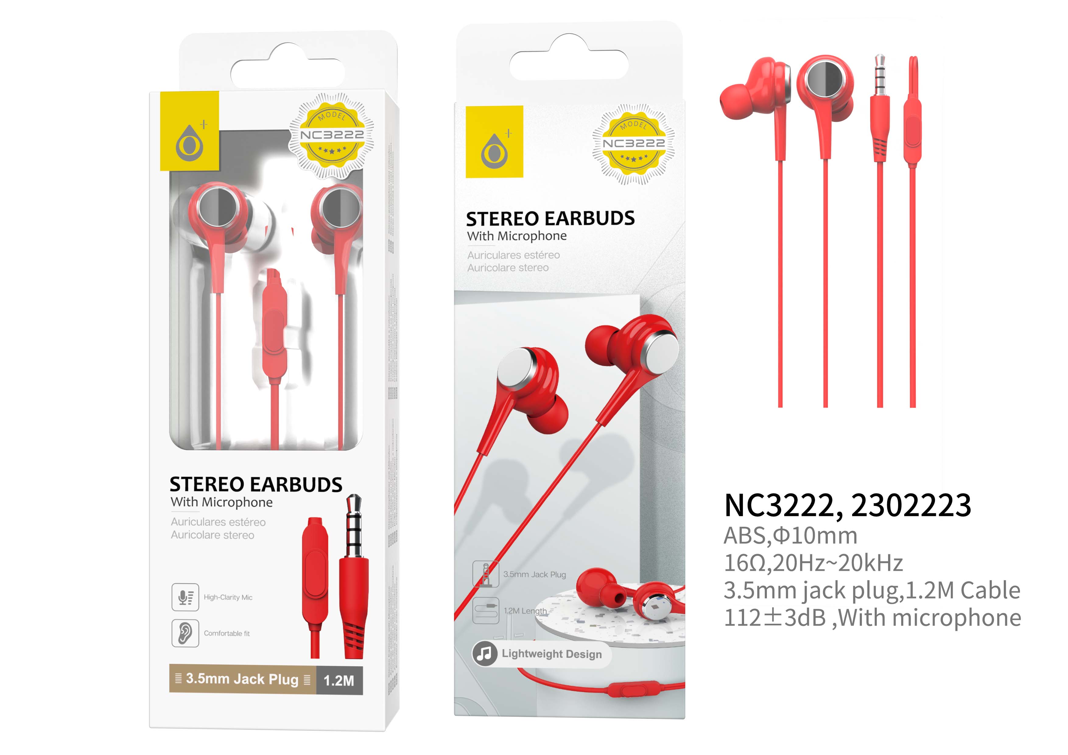 NC3222 RJ Auriculares Craig con microfono y boton multifunciones, cable 1.2M , Rojo