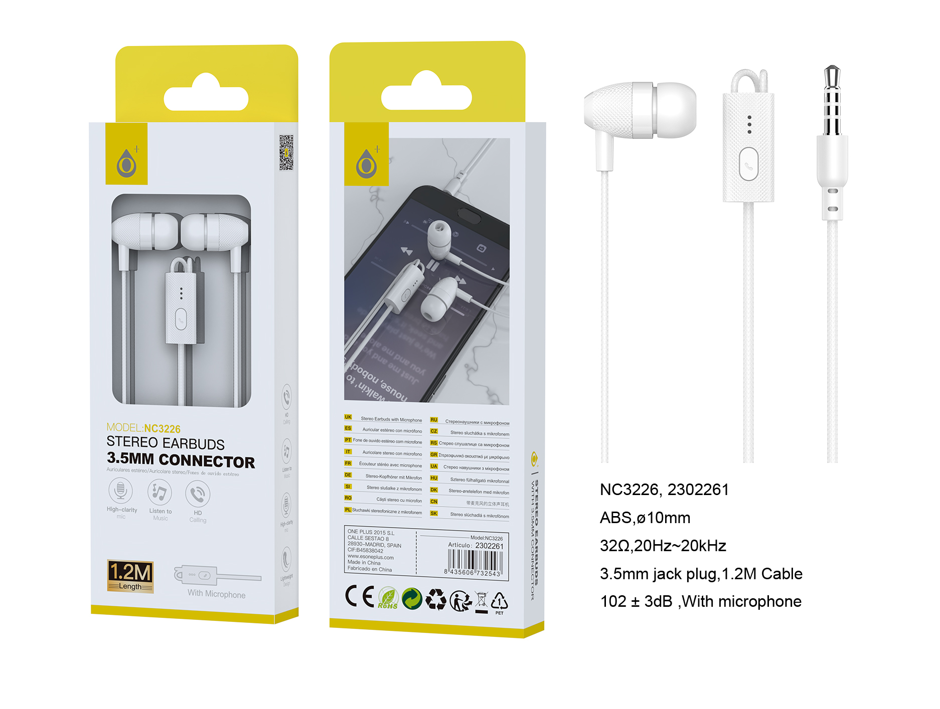 NC3226 BL Auriculares con microfono Takeshi, con boton multifunciones, sensibilidad 102±3 dB, cable