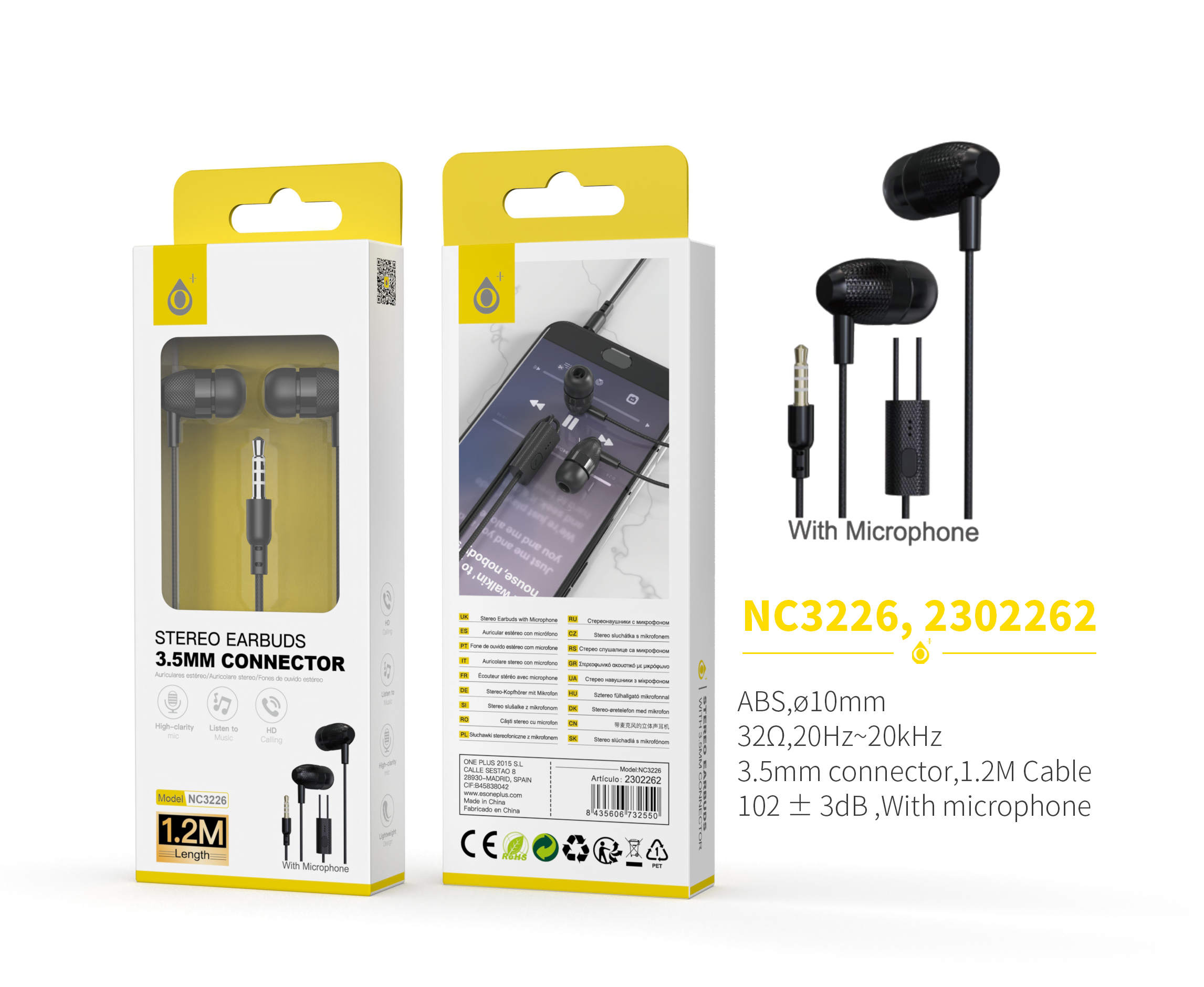 NC3226 NE Auriculares con microfono Takeshi, con boton multifunciones, sensibilidad 102±3 dB, cable