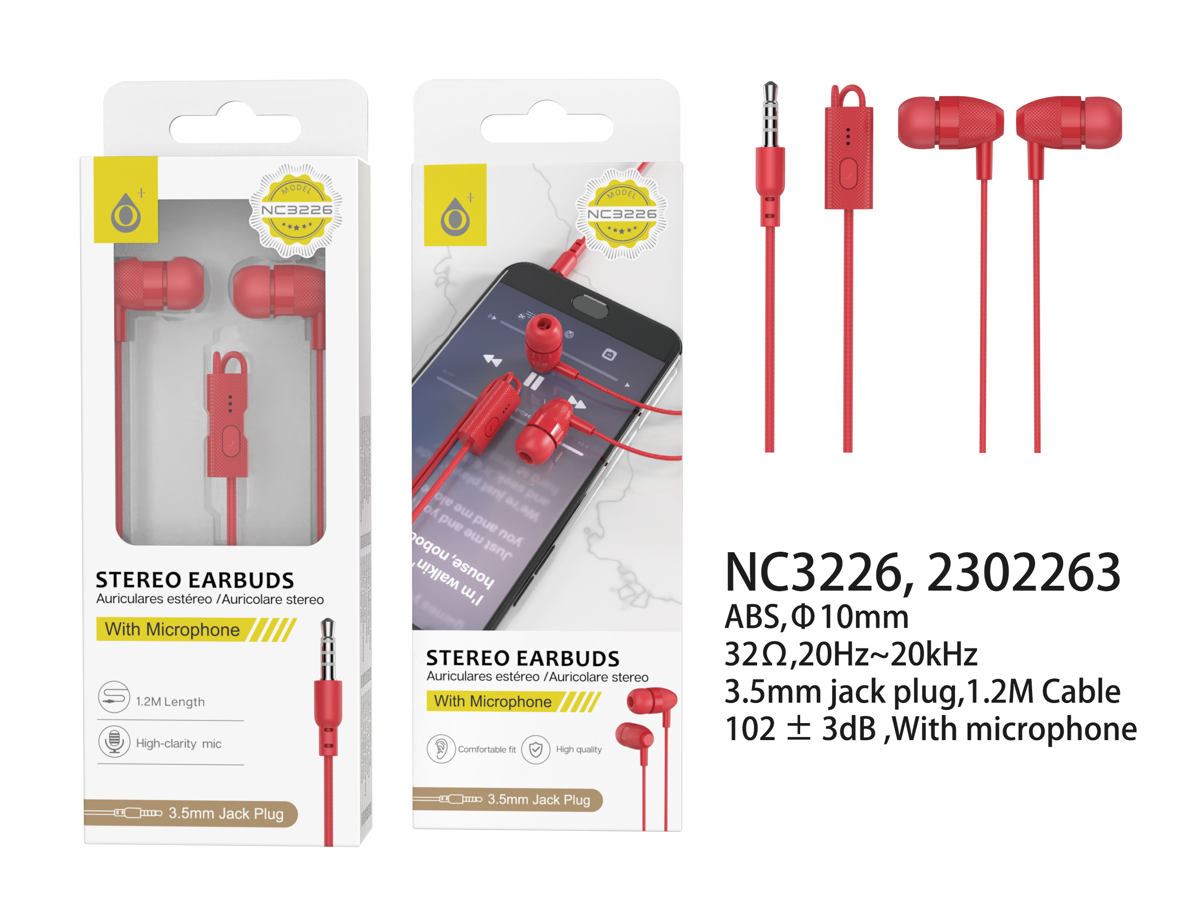 NC3226 RJ Auriculares con microfono Takeshi, con boton multifunciones, sensibilidad 102±3 dB, cable