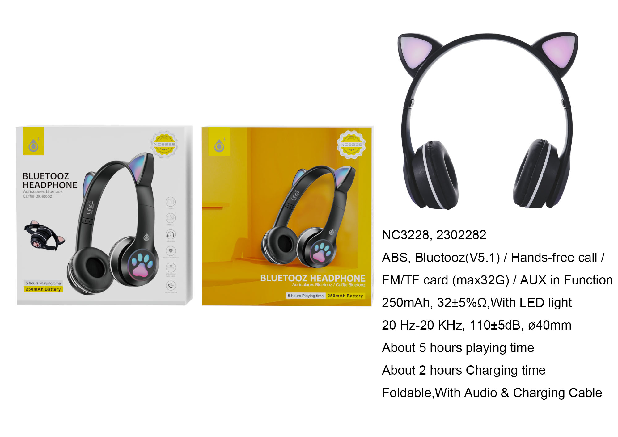 NC3228 NE Auricular  Bluetooth 5.1 Plegable, con Orejas de Gato con LED , con Mano libre , FM/TF(32GB)/Entrada de Audio, Bateria 250mAh, Negro