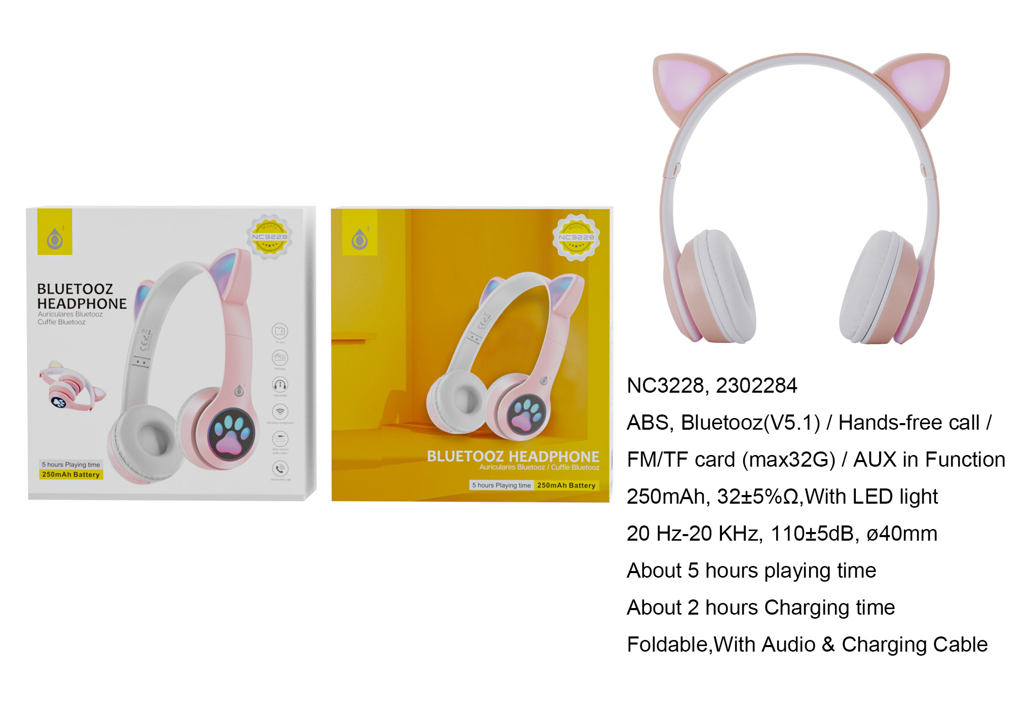 NC3228 RS Auricular  Bluetooth 5.1 Plegable, con Orejas de Gato con LED , con Mano libre , FM/TF(32GB)/Entrada de Audio, Bateria 250mAh, Rosa