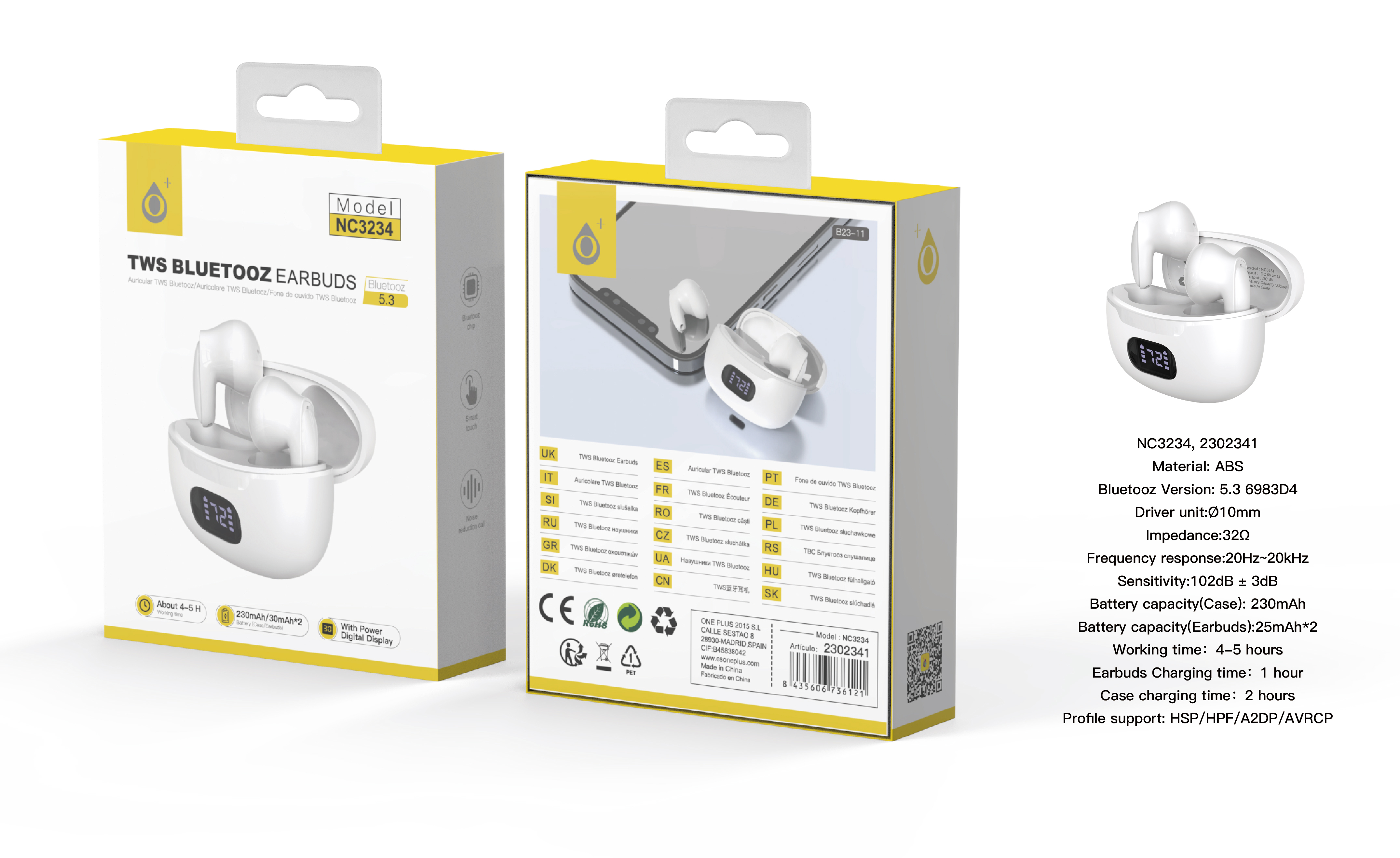 NC3234 BL Auriculares TWS Bluetooth 5.3  Bateria (25mAh*2) con estuche cargable(230mAh), Blanco