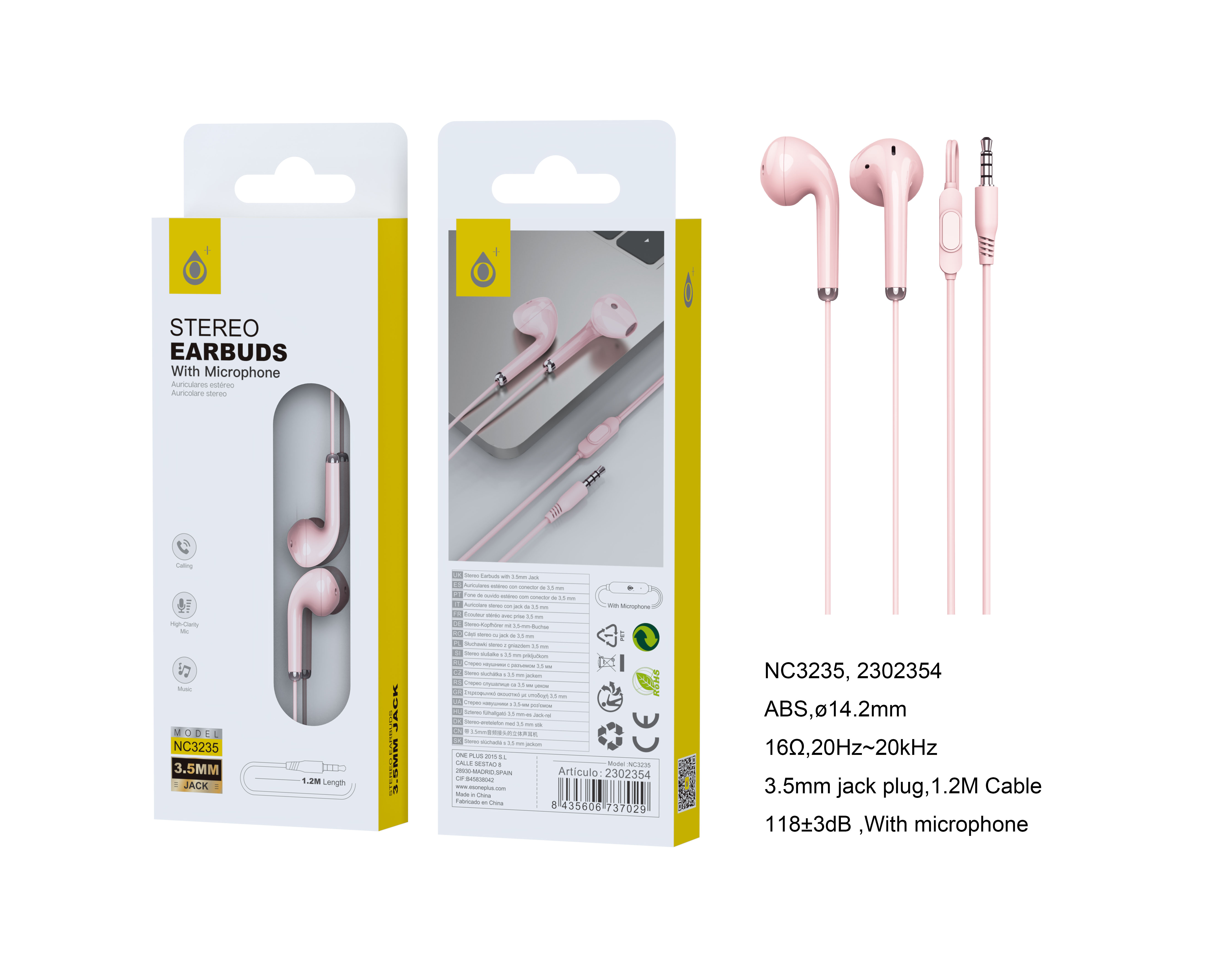 NC3235 RS Auricular Anae con Microfono y  Boton multifuncion  ,Cable 1.2m, Rosa