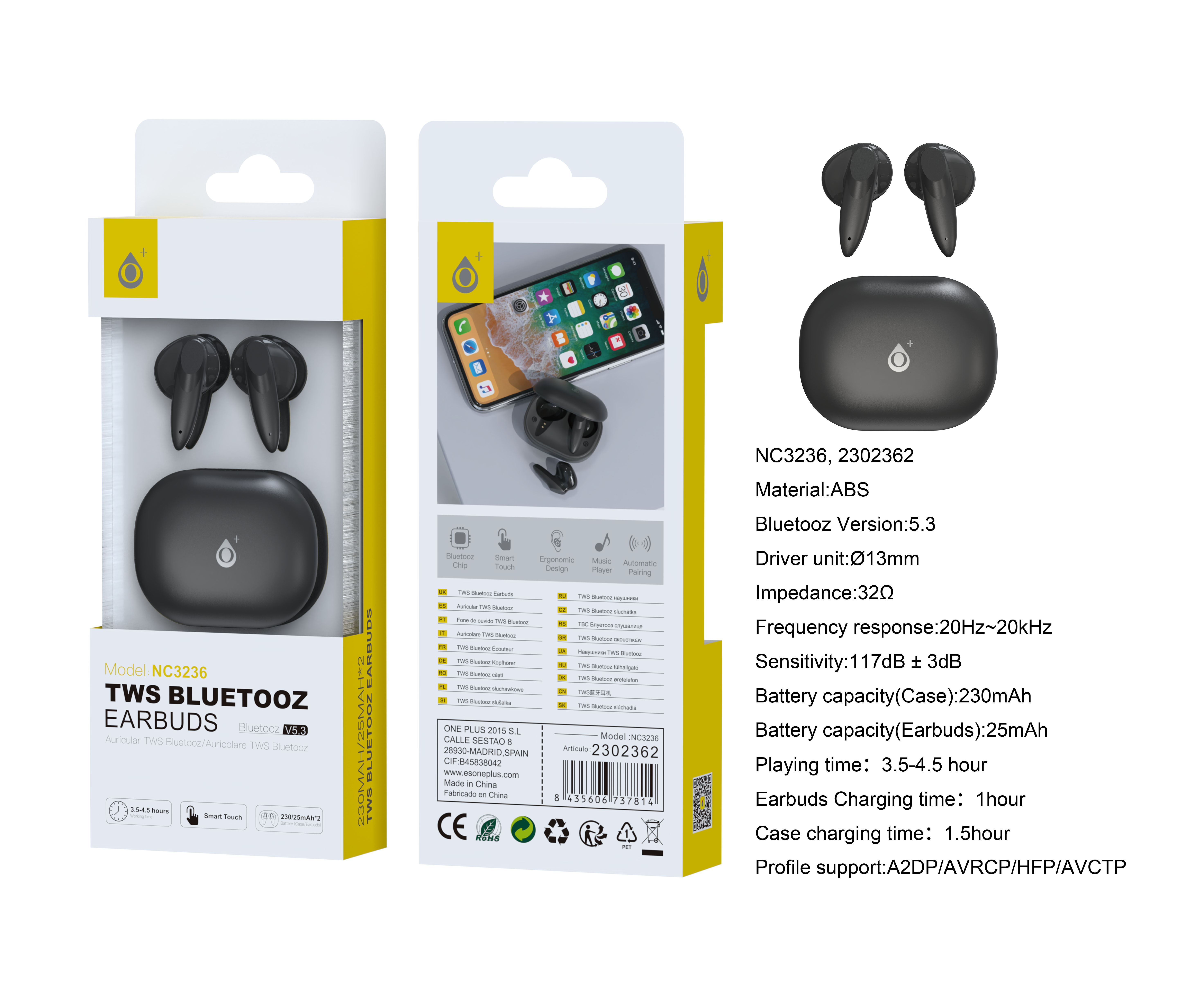 NC3236 NE Auriculares TWS con Bluetooth 5.3  Con Boton Tactil Multifuncion , Bateria 25mAh*2/Estuche